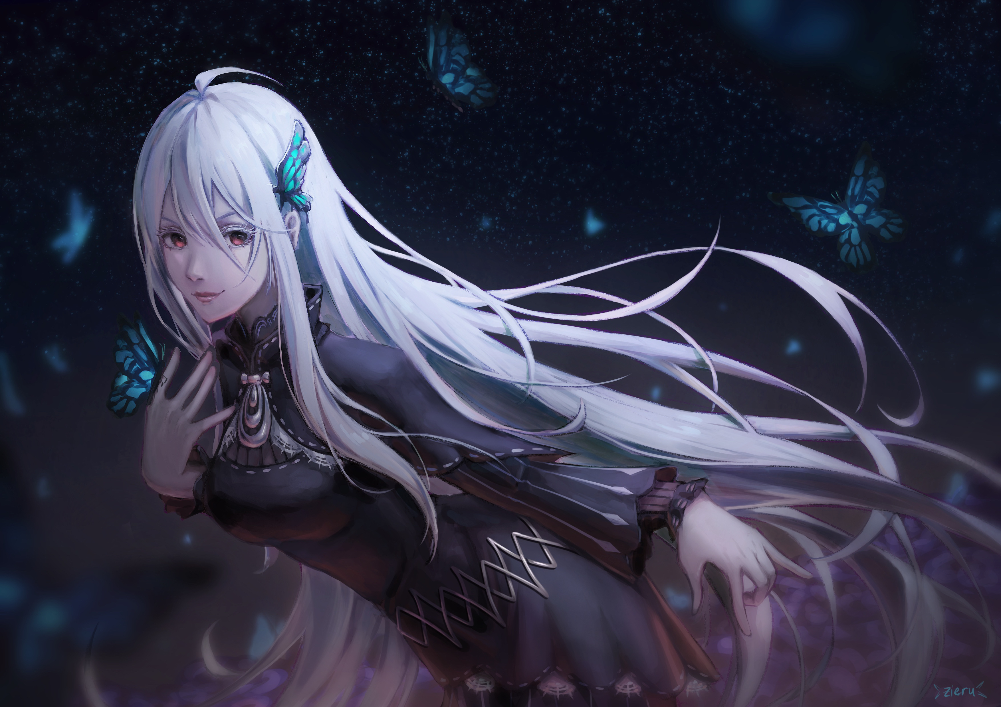 Anime 3508x2480 Re:Zero Kara Hajimeru Isekai Seikatsu witch black dress 2D butterfly hair ornament hair blowing in the wind anime girls Echidna (Re:Zero Kara Hajimeru Isekai Seikatsu) striped dress long hair white hair ahoge anime smiling looking at viewer red eyes fan art long sleeves curvy arched back starry night
