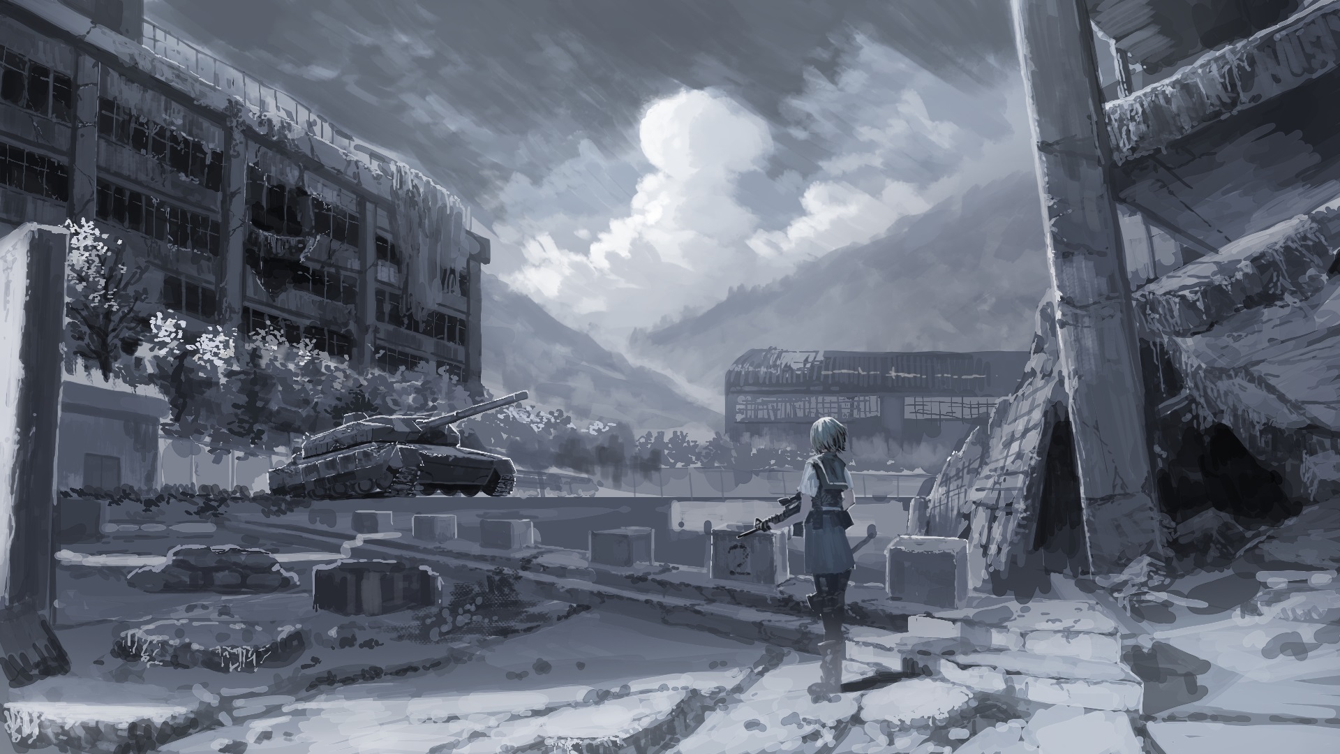 Anime 1920x1080 tank clouds building trees girls with guns ruins apocalyptic
