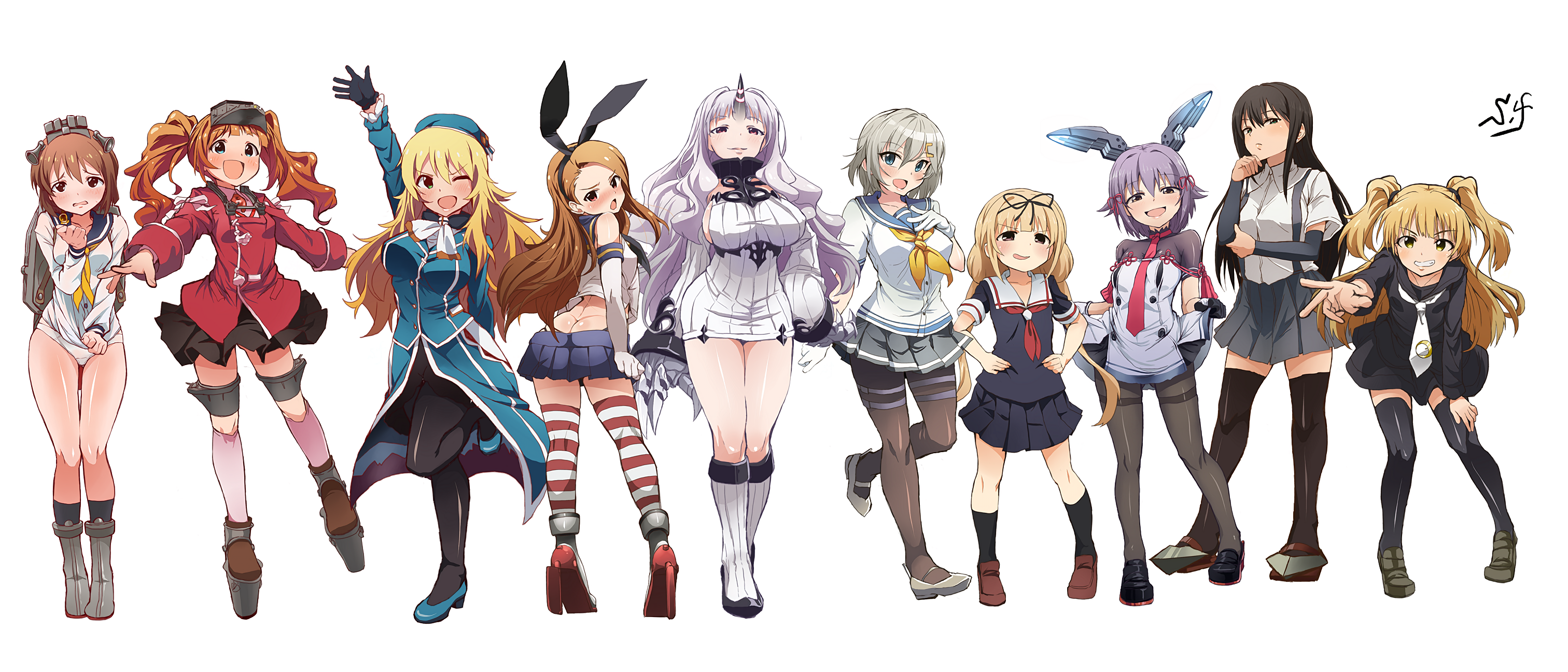 Anime 3024x1296 THE iDOLM@STER Kantai Collection artwork parody anime girls brunette blonde redhead silver hair white hair black hair twintails panties skirt black skirts stockings socks shoes heels red heels  high heels thighs thick thigh legs underwear pantyhose black pantyhose tie bunny ears hat miniskirt school uniform shirt blue eyes red eyes black eyes purple hair smiling legs together open mouth horns yellow eyes Shift