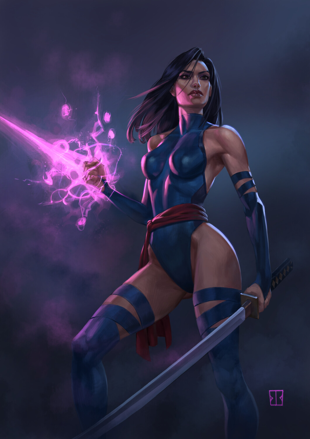 General 1061x1500 Psylocke fantasy art fantasy girl bodysuit women X-Men Mutant sword katana women with swords dark hair standing looking into the distance comics Marvel Comics superheroines