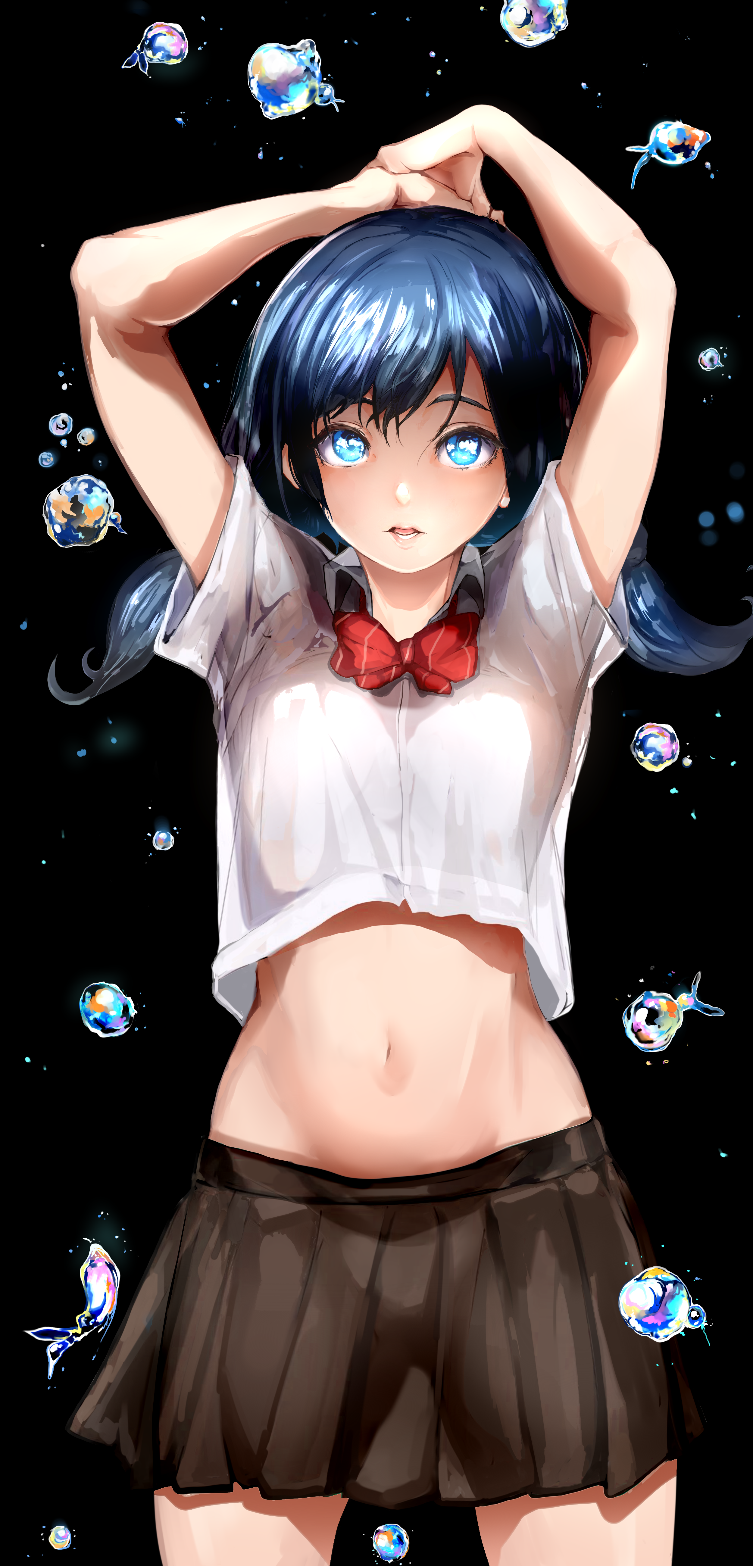 Anime 2500x5200 2D artwork Mamimi anime girls school uniform belly dark hair blue eyes see-through clothing arms up