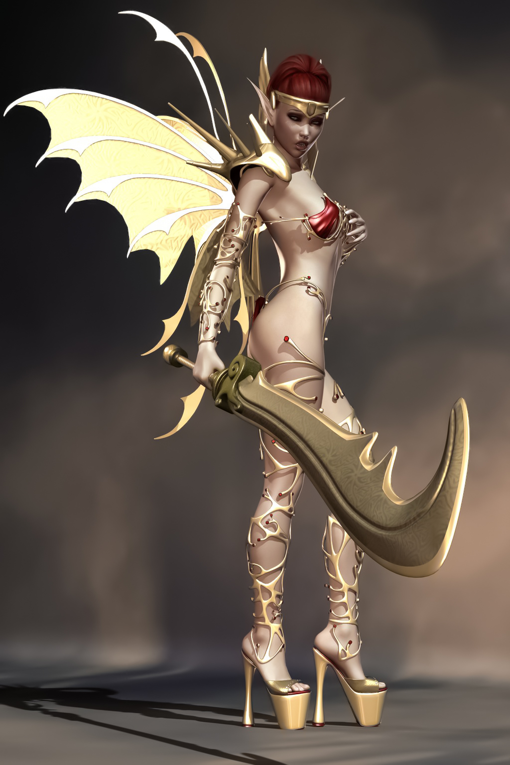 General 1024x1536 Evinessa CGI women redhead warrior tiaras wings skimpy clothes high heels platform high heels gold weapon sword shadow