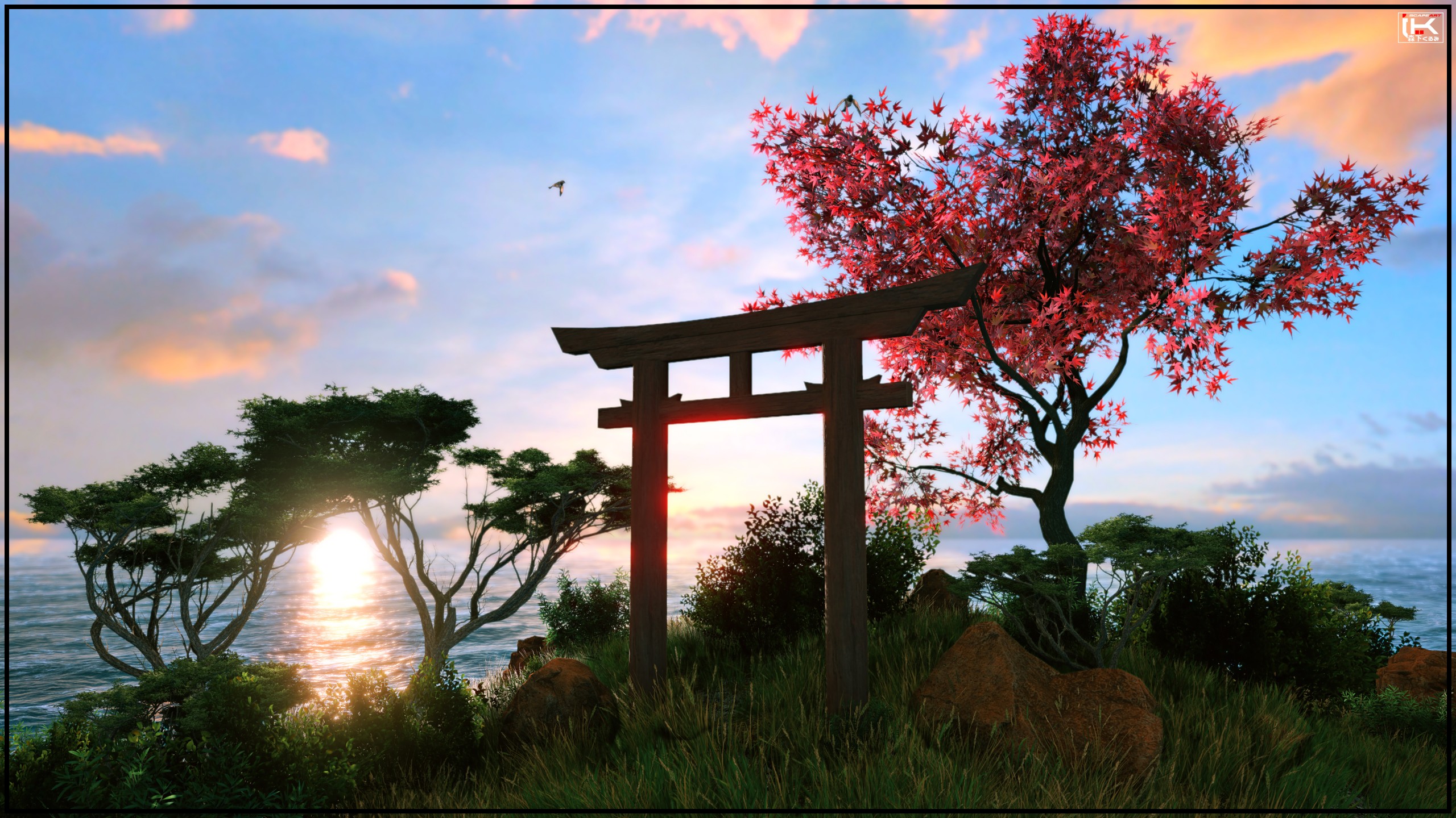 General 2560x1440 island torii cherry trees sea sunlight sky plants