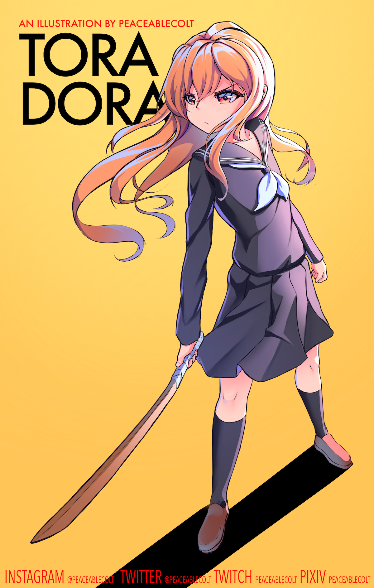 Anime 1200x1886 Toradora! JK sailor uniform women with swords long hair brunette movie poster anime girls simple background anime Aisaka Taiga looking away red eyes 2D fan art hair blowing in the wind hair in face bangs long sleeves Peaceablecolt socks weapon yellow background black socks  knee high socks portrait display shoes