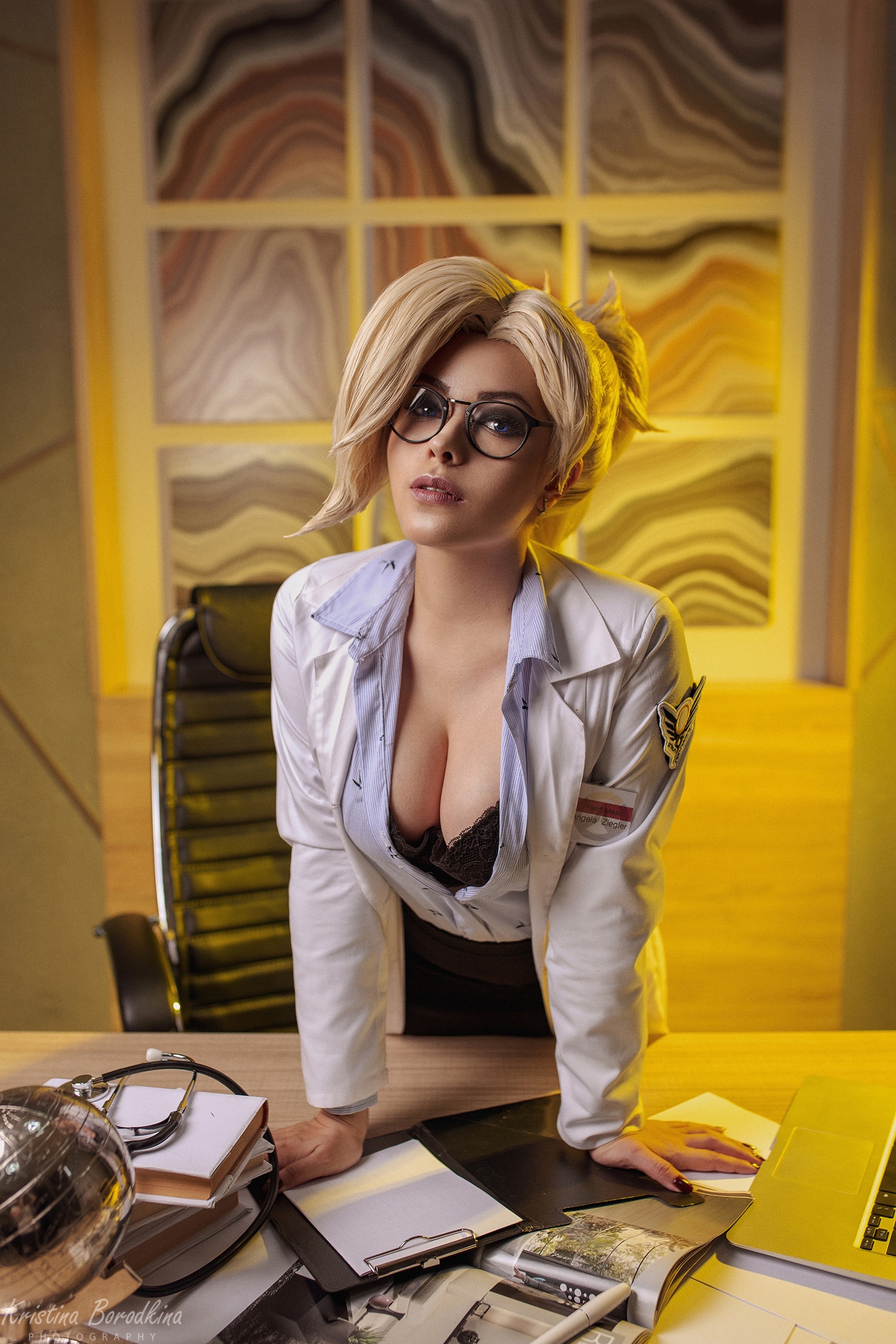 People 1440x2160 Kristina Borodkina women Overwatch cosplay Mercy (Overwatch) blonde glasses shirt open clothes cleavage bra lace desk doctors warm light lab coats