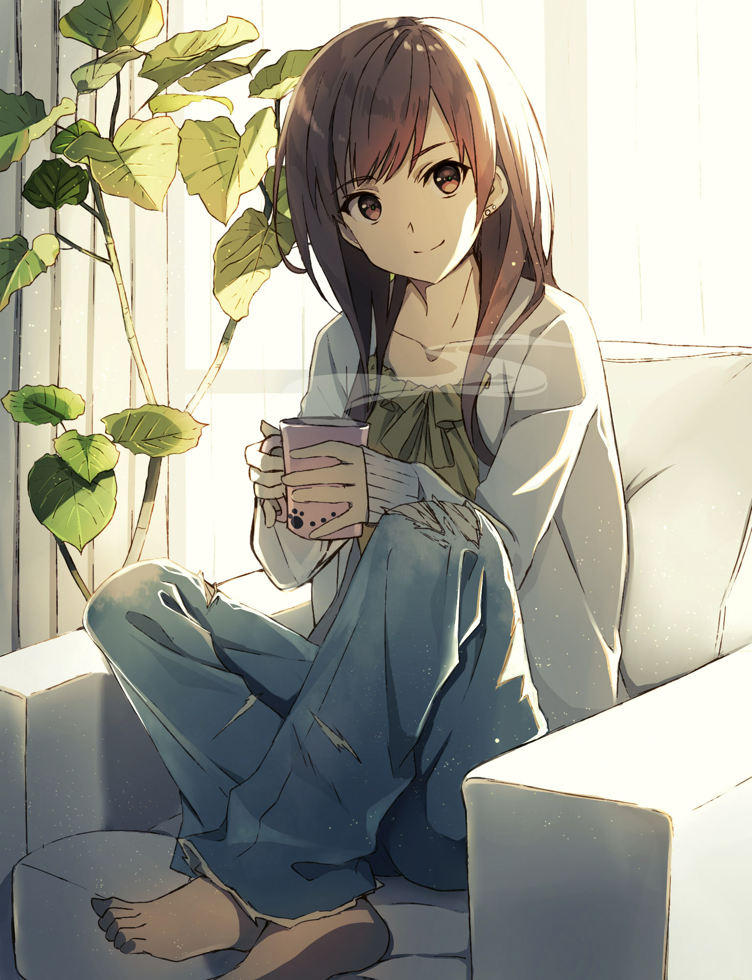 Anime 1535x2000 anime girls sitting barefoot jeans torn jeans cup brunette brown eyes smiling Akami Fumio