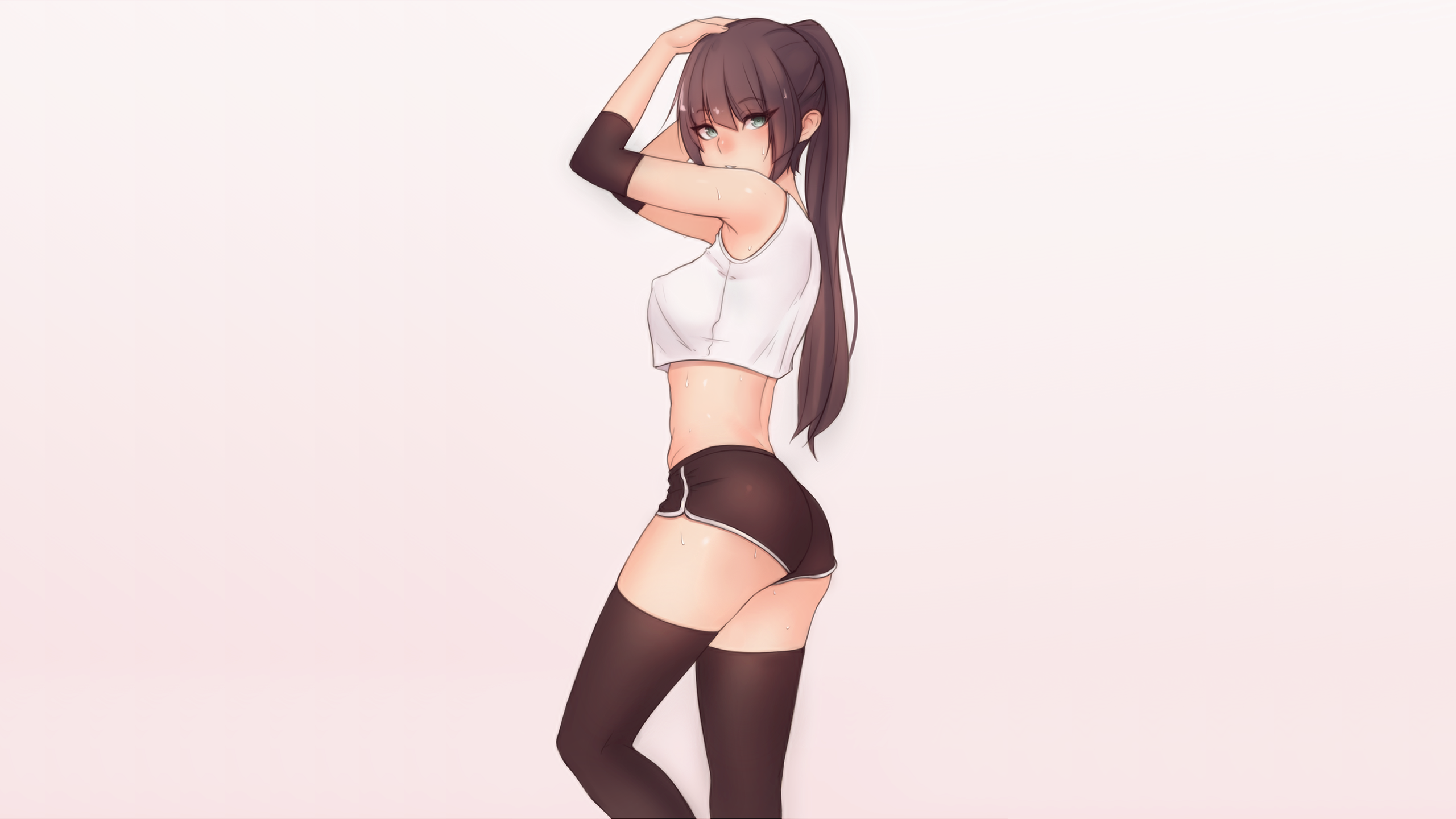 Anime 2560x1440 bluefield digital art anime anime girls working out sweat thigh-highs black thigh-highs tight shorts zettai ryouiki ass long hair white tops arm warmers green eyes looking at viewer brunette ponytail no bra nipple bulge bright white background