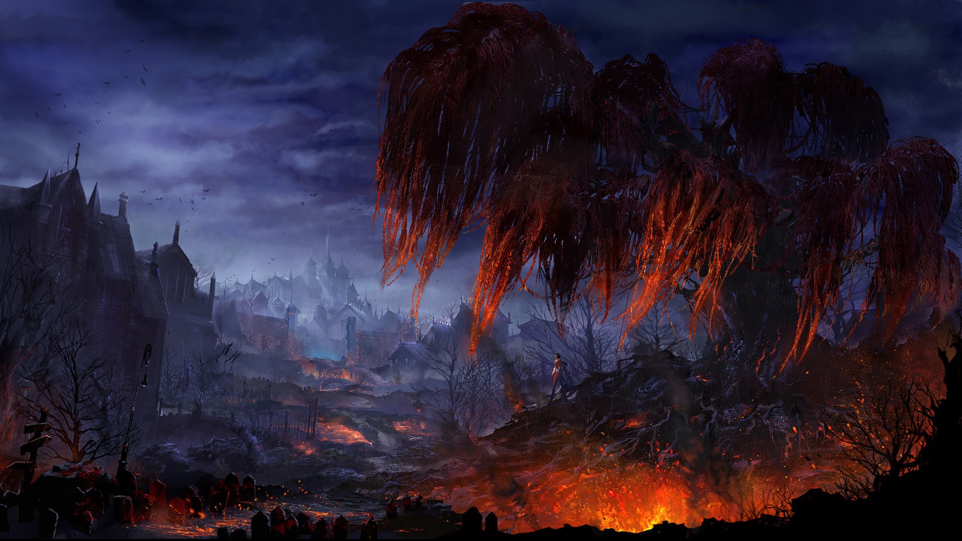 General 1920x1080 artwork fantasy art colorful town sky trees fire grave
