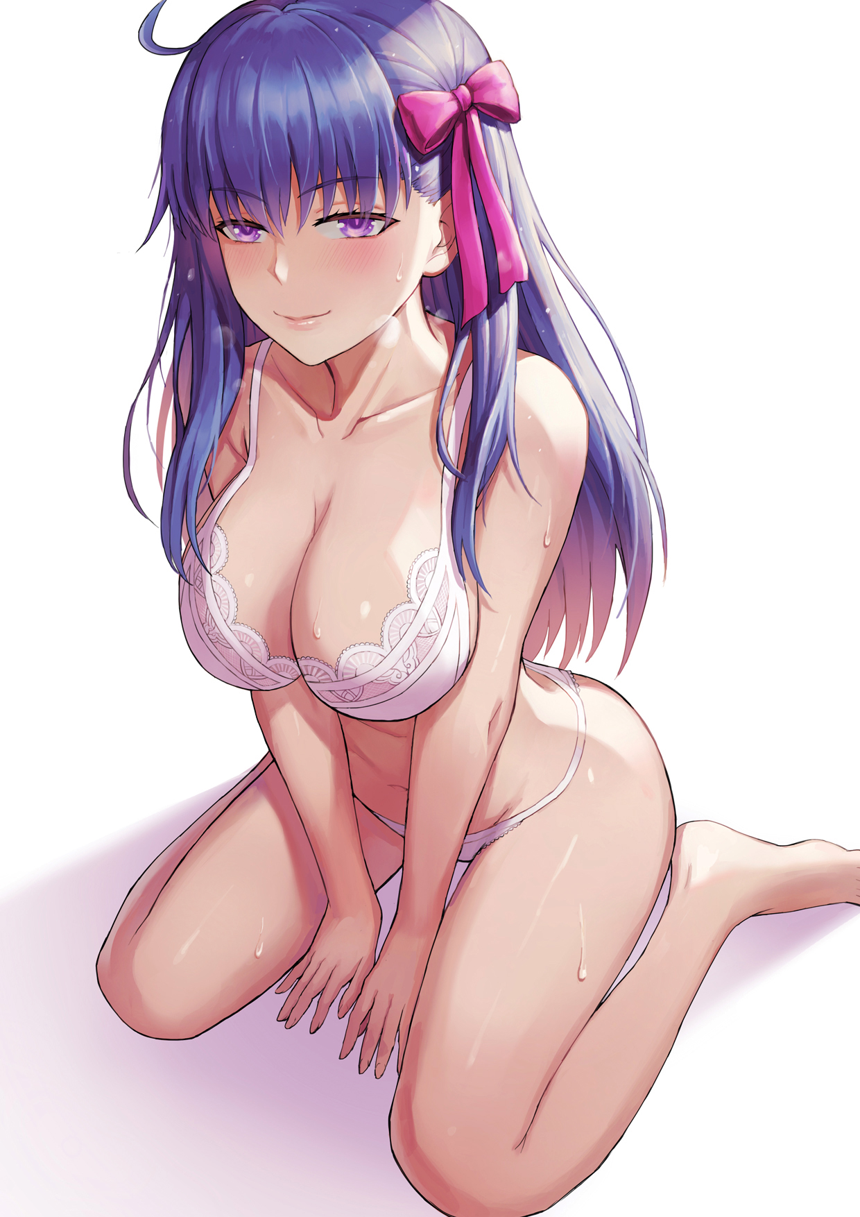 Anime 1240x1754 Fate series Fate/Stay Night fate/stay night: heaven's feel anime girls long hair big boobs cleavage simple background smiling purple hair kneeling Matou Sakura white underwear thighs ecchi belly button sweaty body purple eyes bare shoulders barefoot pink ribbon ahoge sensual gaze pink lipstick embarrassed looking at viewer MoolMoonlight women indoors hanging boobs bent over 2D fan art portrait display