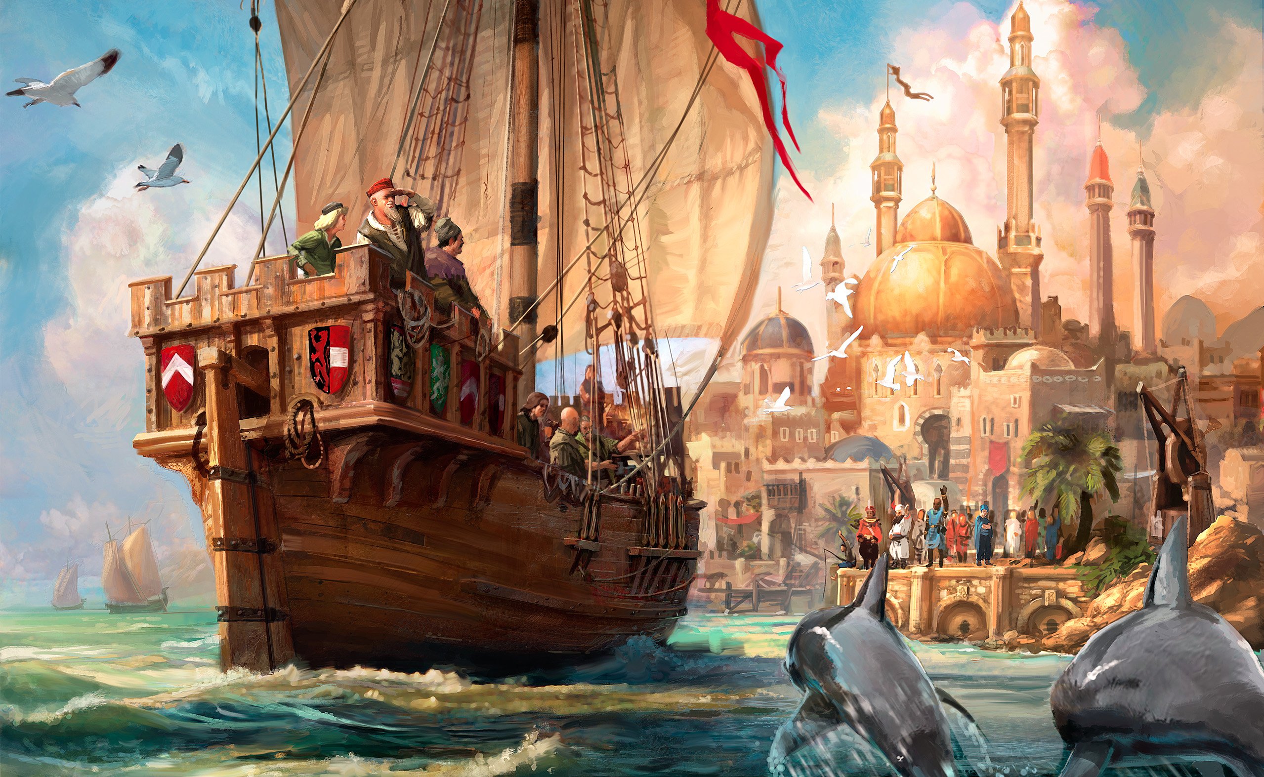 General 2558x1573 artwork concept art digital art ship sailing ship sea architecture dolphin Anno 1404 video games PC gaming video game art ports vehicle