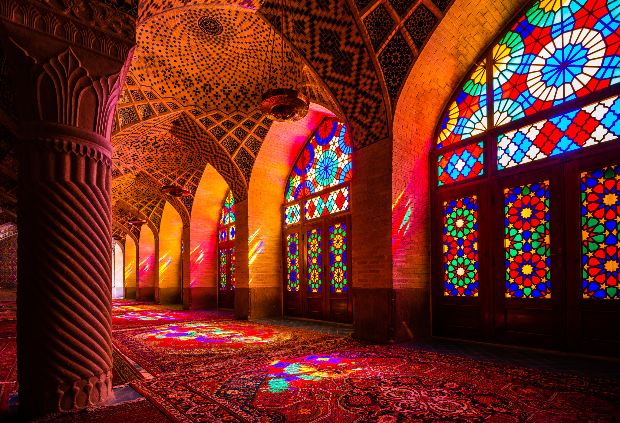 General 2048x1396 Nasir al-Mulk Mosque mosque architecture Islamic architecture Islam colorful stained glass column interior