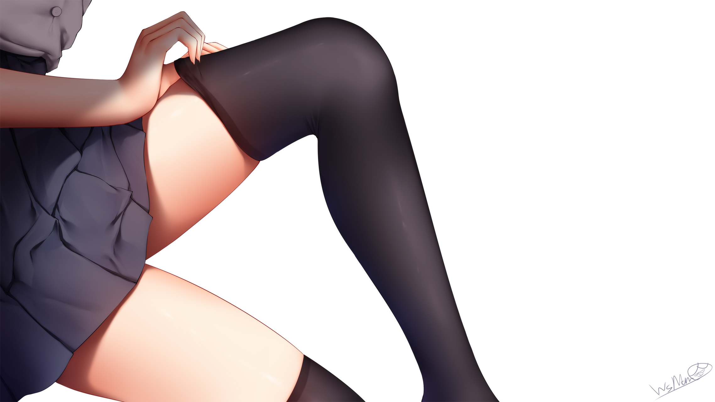 Anime 2276x1280 original characters anime girls simple background white background skirt thigh-highs school uniform sitting zettai ryouiki wsman stockings black stockings