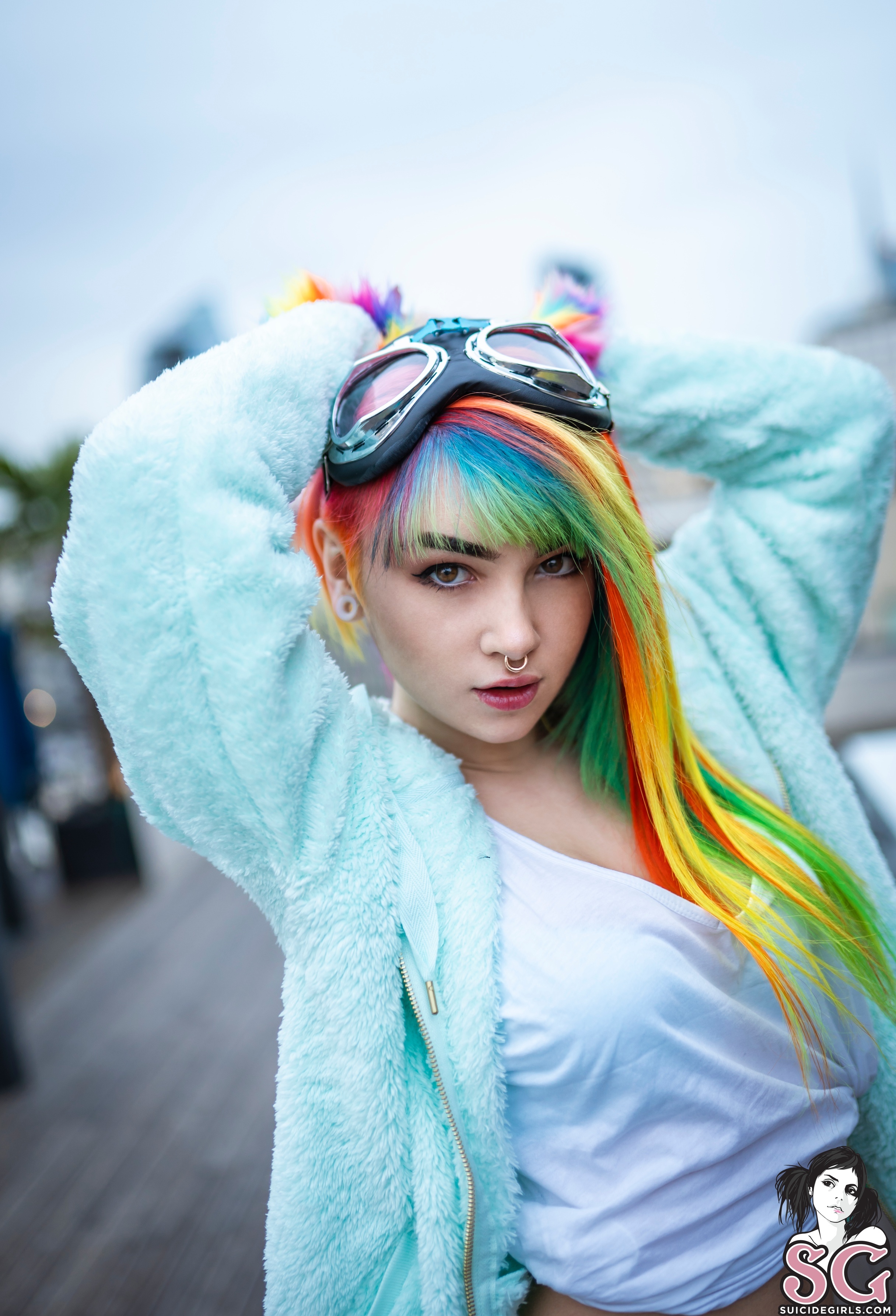 People 2432x3571 Mimo Suicide women Rainbow hair inked girls Suicide Girls brunette piercing white tops portrait display