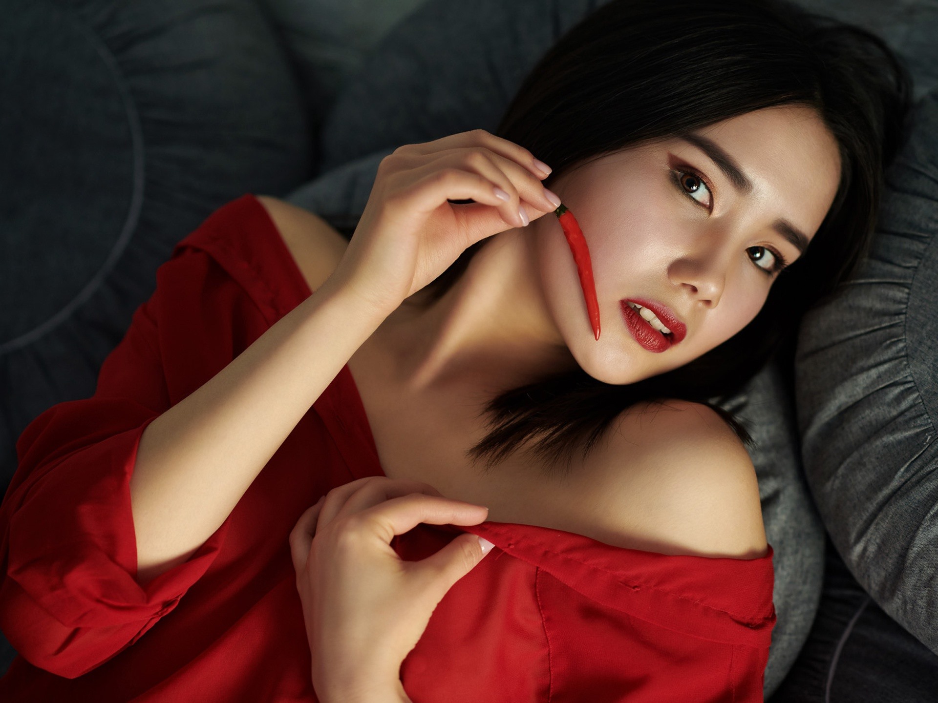 People 1920x1440 photography celebrity Asian Chinese looking at viewer red chili red lipstick shoulder length hair portrait women