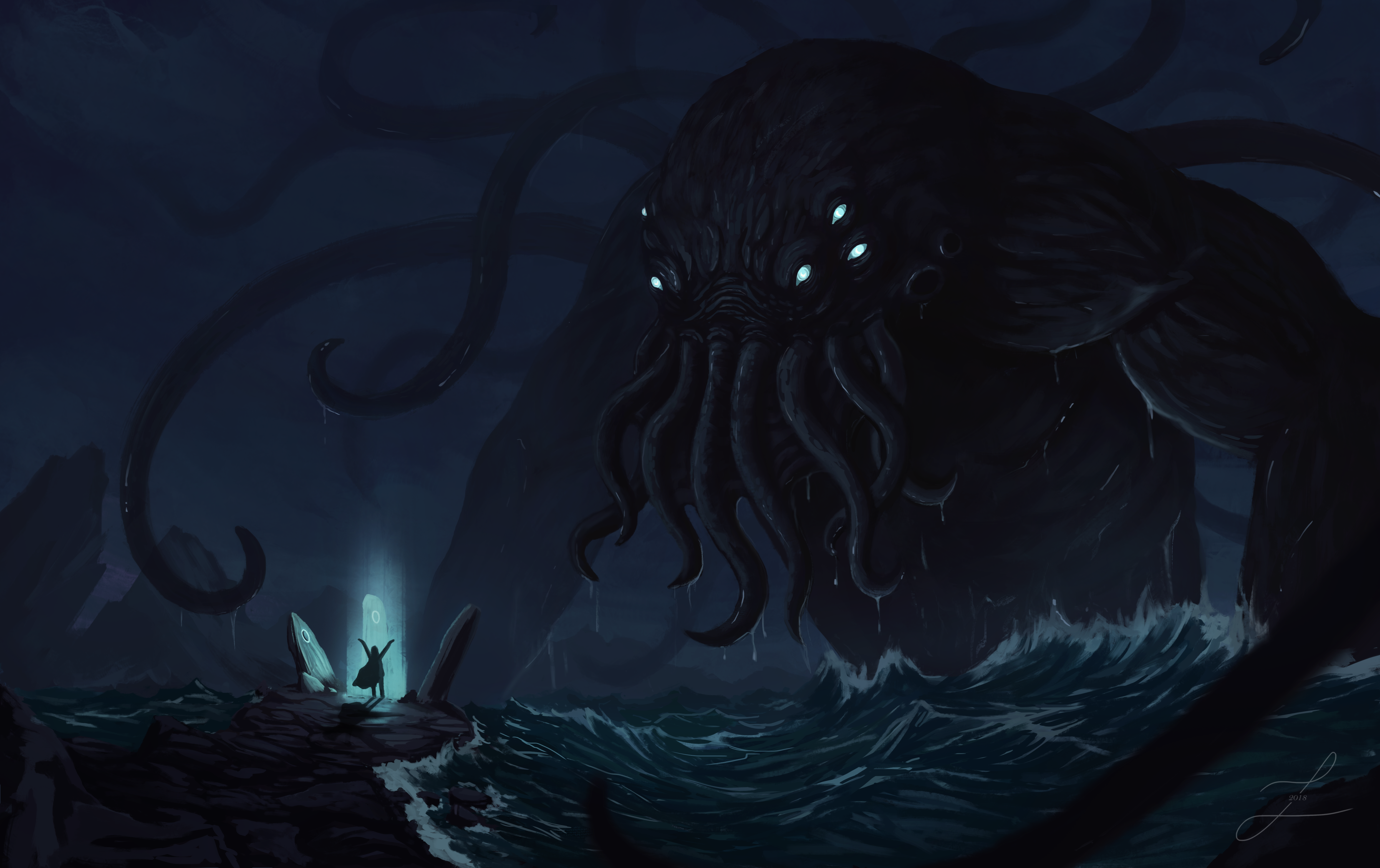 General 4687x2948 digital art artwork illustration fantasy art magic water sea people silhouette lights dark fictional fictional creatures creature Cthulhu H. P. Lovecraft drawing digital painting tentacles nature landscape sky skyscape wizard outdoors storm sea monsters rain concept art character design 