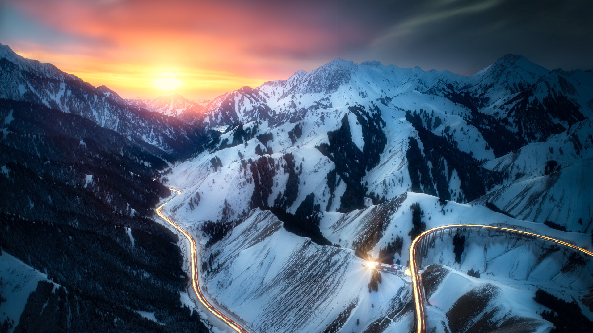 General 1920x1080 mountains aerial view road sunset Sun snow long exposure