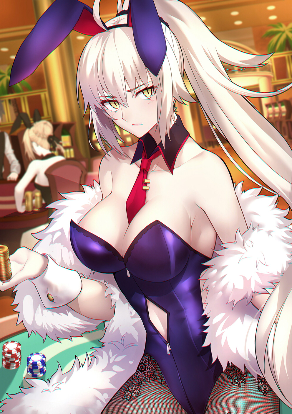 Anime 992x1403 anime anime girls digital art artwork portrait display 2D Shigure Fate series Fate/Grand Order Jeanne d'Arc (Fate) Jeanne (Alter) (Fate/Grand Order) white hair ponytail long hair yellow eyes bunny suit cleavage big boobs