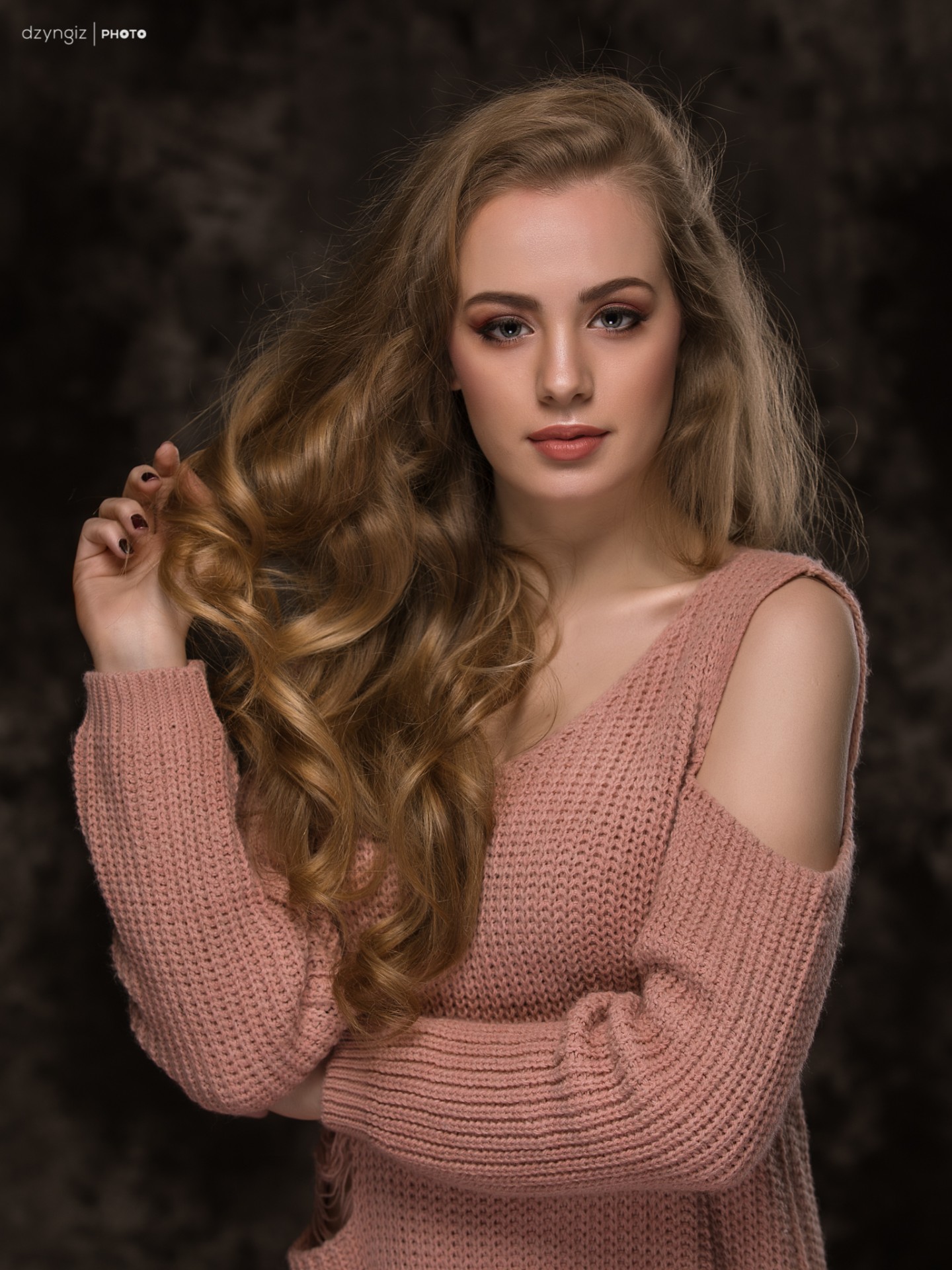 People 1440x1920 women model blonde long hair Tomasz Stankiewicz portrait display sweater painted nails face holding hair portrait pink sweater curly hair pink clothing