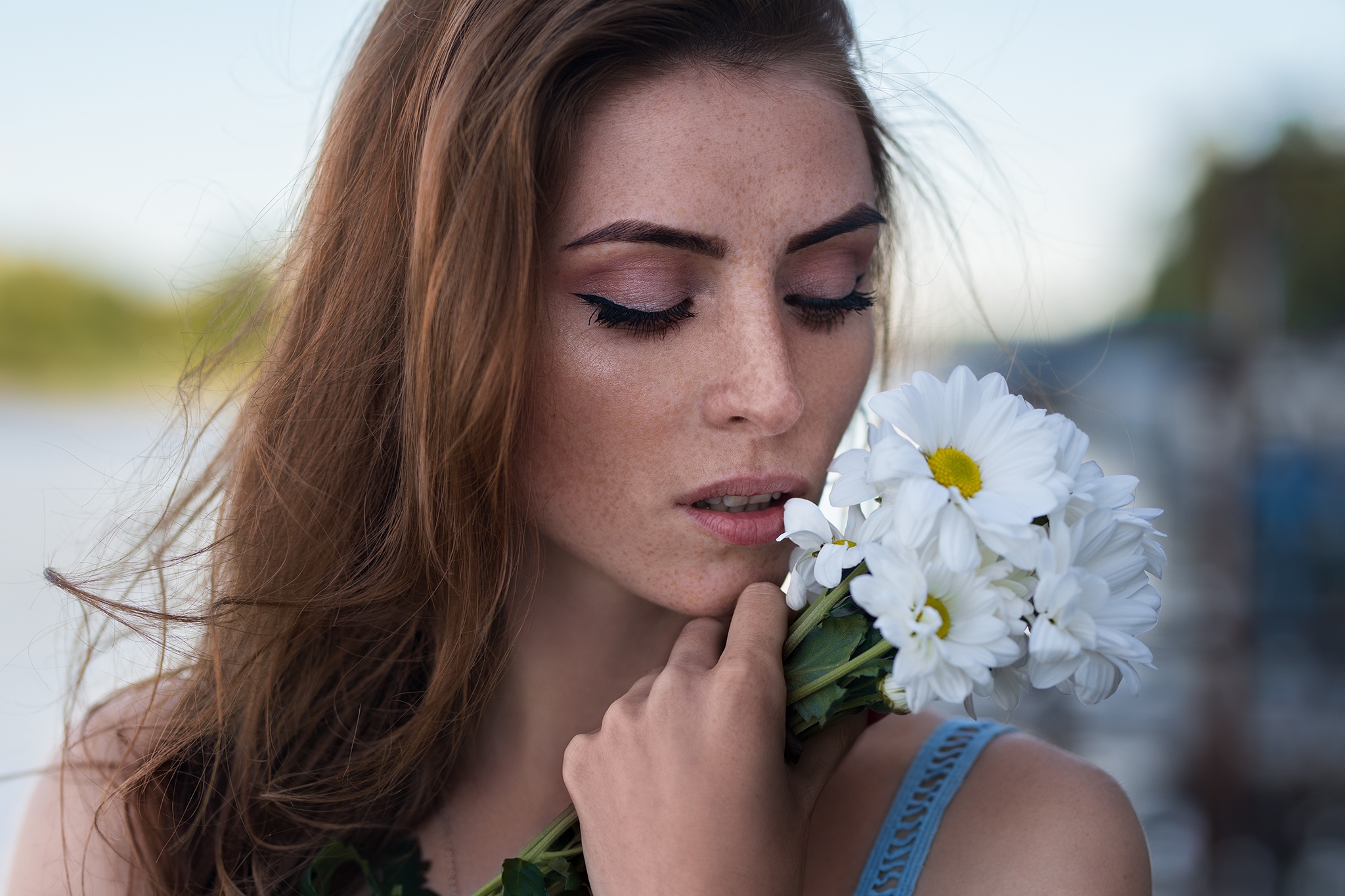 People 2048x1365 white flowers flowers women model face portrait Viktoria Babkina outdoors women outdoors blurred blurry background parted lips long hair brunette freckles