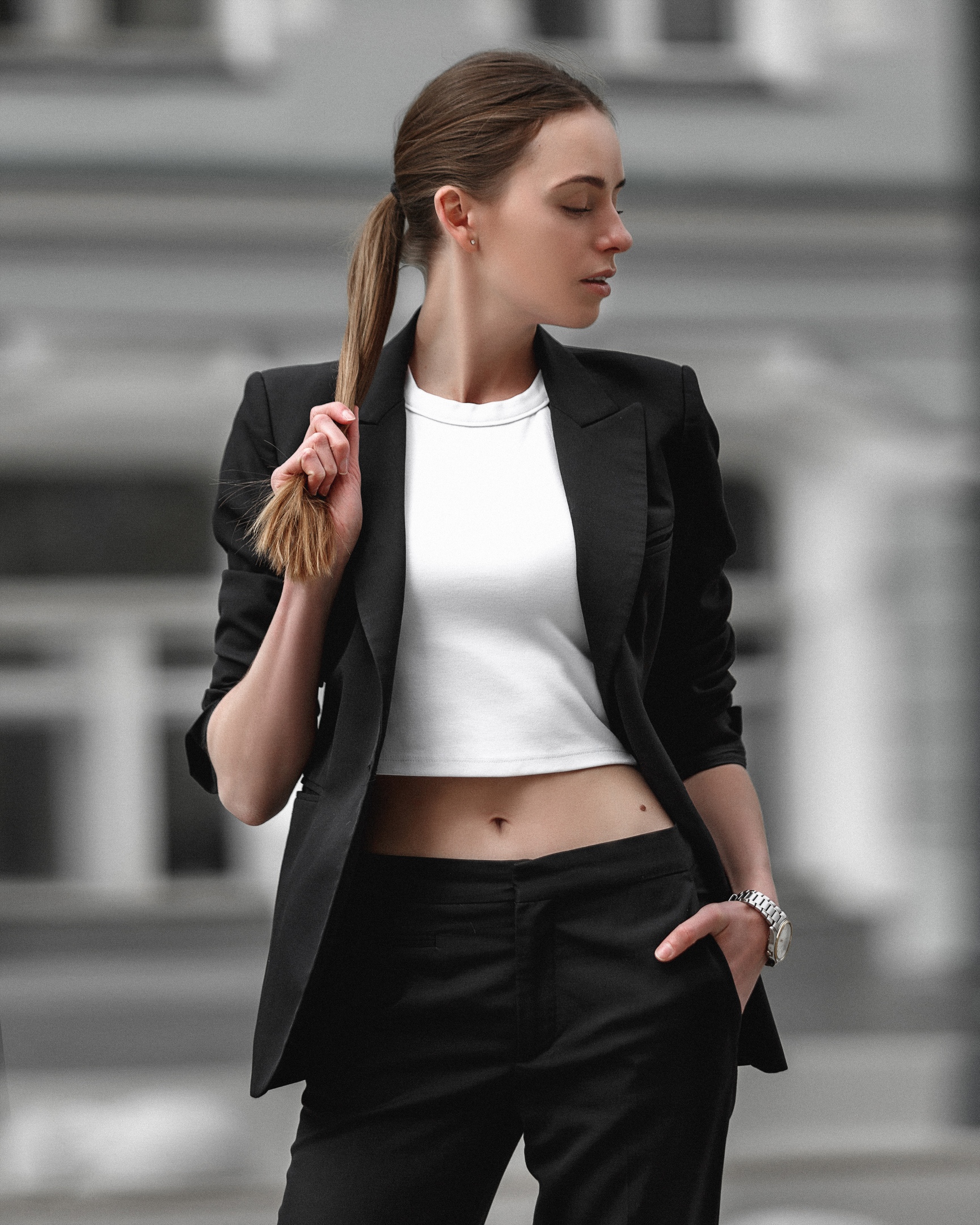 People 1728x2160 belly urban women outdoors Alexey Polskiy women model profile black jackets vest holding hair ponytail brunette