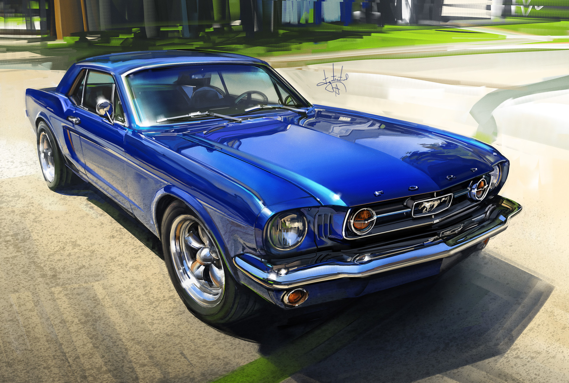 General 1920x1292 Aleksandr Sidelnikov car vehicle painting Ford Mustang street trees frontal view Ford muscle cars American cars