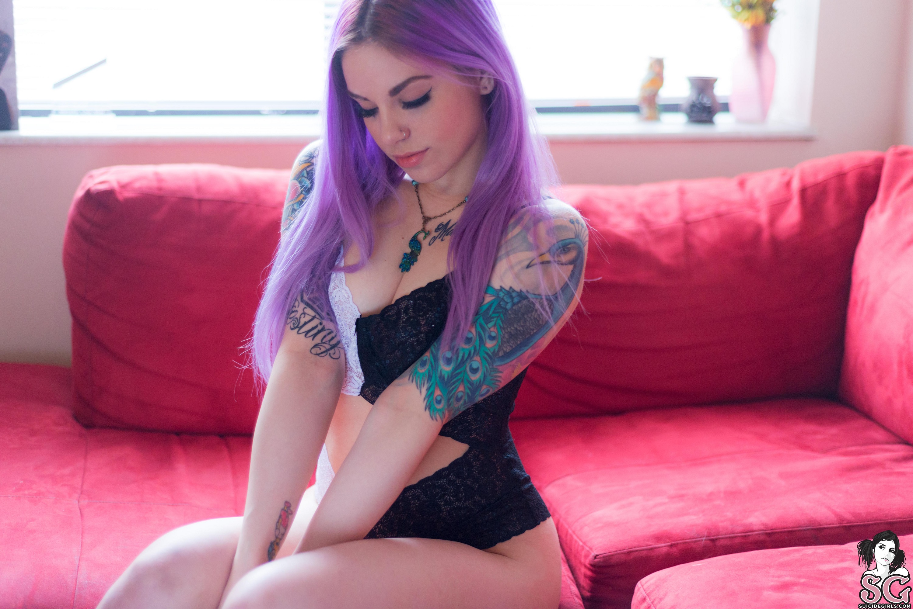 People 3000x2003 Orion Suicide women model dyed hair one-piece-lingerie lingerie bodysuit nose ring necklace cleavage sitting blinds couch inked girls tattoo indoors Suicide Girls