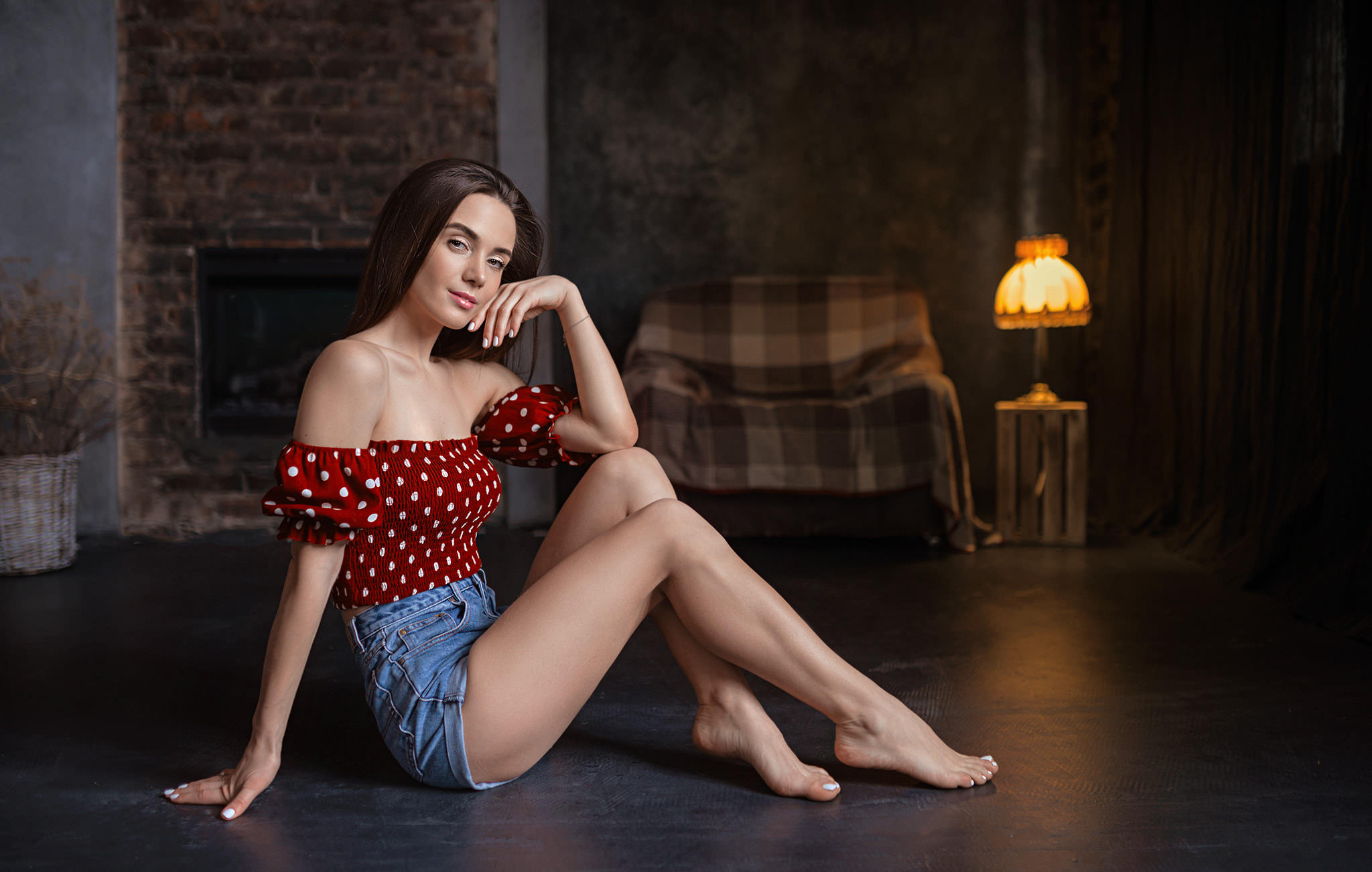 People 2048x1302 women sitting smiling bare shoulders jean shorts on the floor polka dots lamp white nails Albert Lesnoy high waisted shorts women indoors red tops brunette barefoot