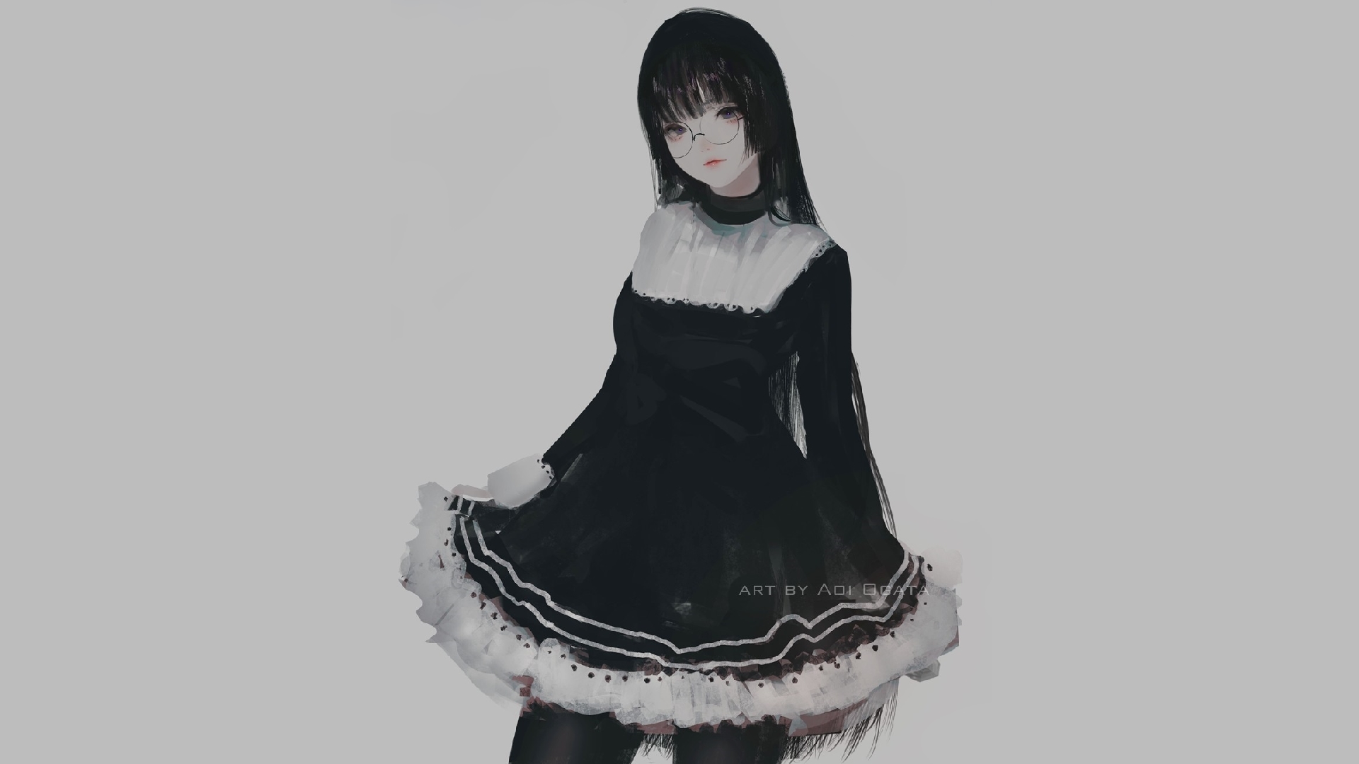 Anime 1920x1080 Aoi Ogata digital art artwork illustration simple background black clothing minimalism hate-chan maid outfit women with glasses looking at viewer black hair original characters