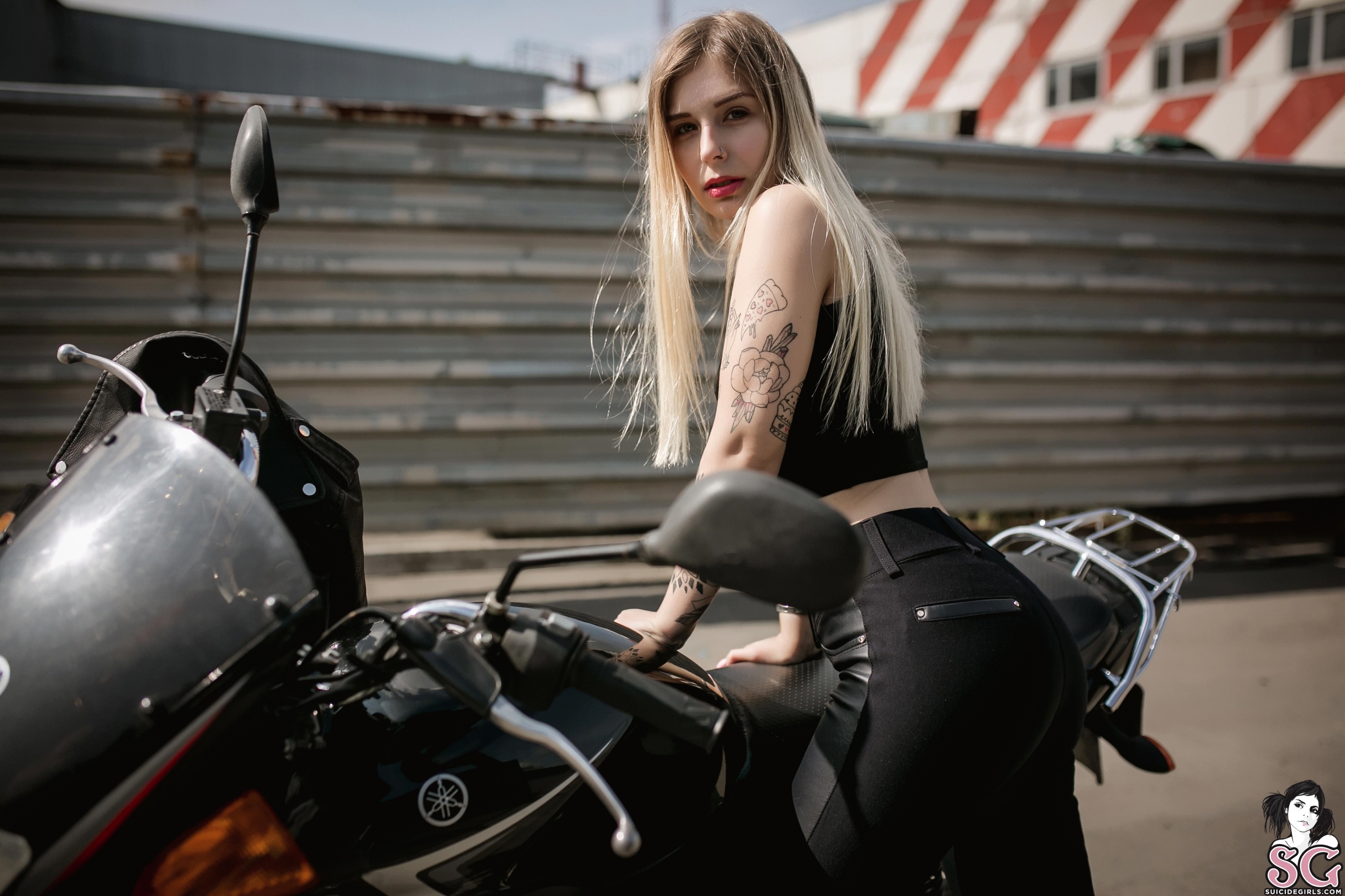 People 2432x1621 Valera women model blonde looking at viewer nose ring black top leather pants  women with motorcycles motorcycle vehicle tattoo outdoors street Suicide Girls