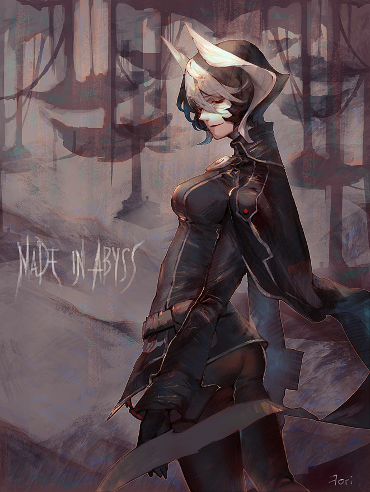 Anime 1200x1596 Made in Abyss anime girls 2D big boobs thighs female warrior short hair multi-colored hair black hair closed eyes gray hair Ozen (Made in Abyss) black clothing ass portrait display looking at viewer smiling fan art black gloves