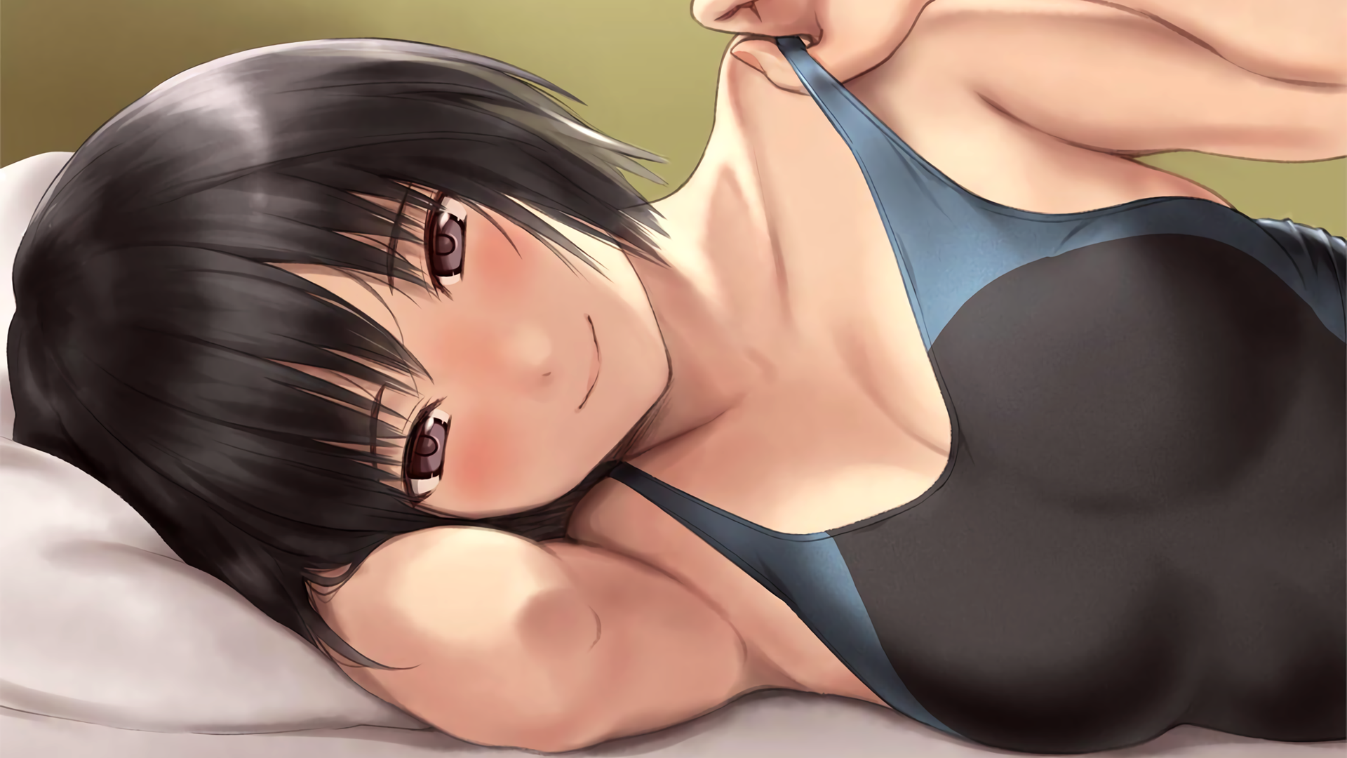 Anime 1920x1080 anime anime girls schoolgirl short hair lying on side swimwear black swimsuit one-piece swimsuit smiling looking at viewer Amagami frontal view