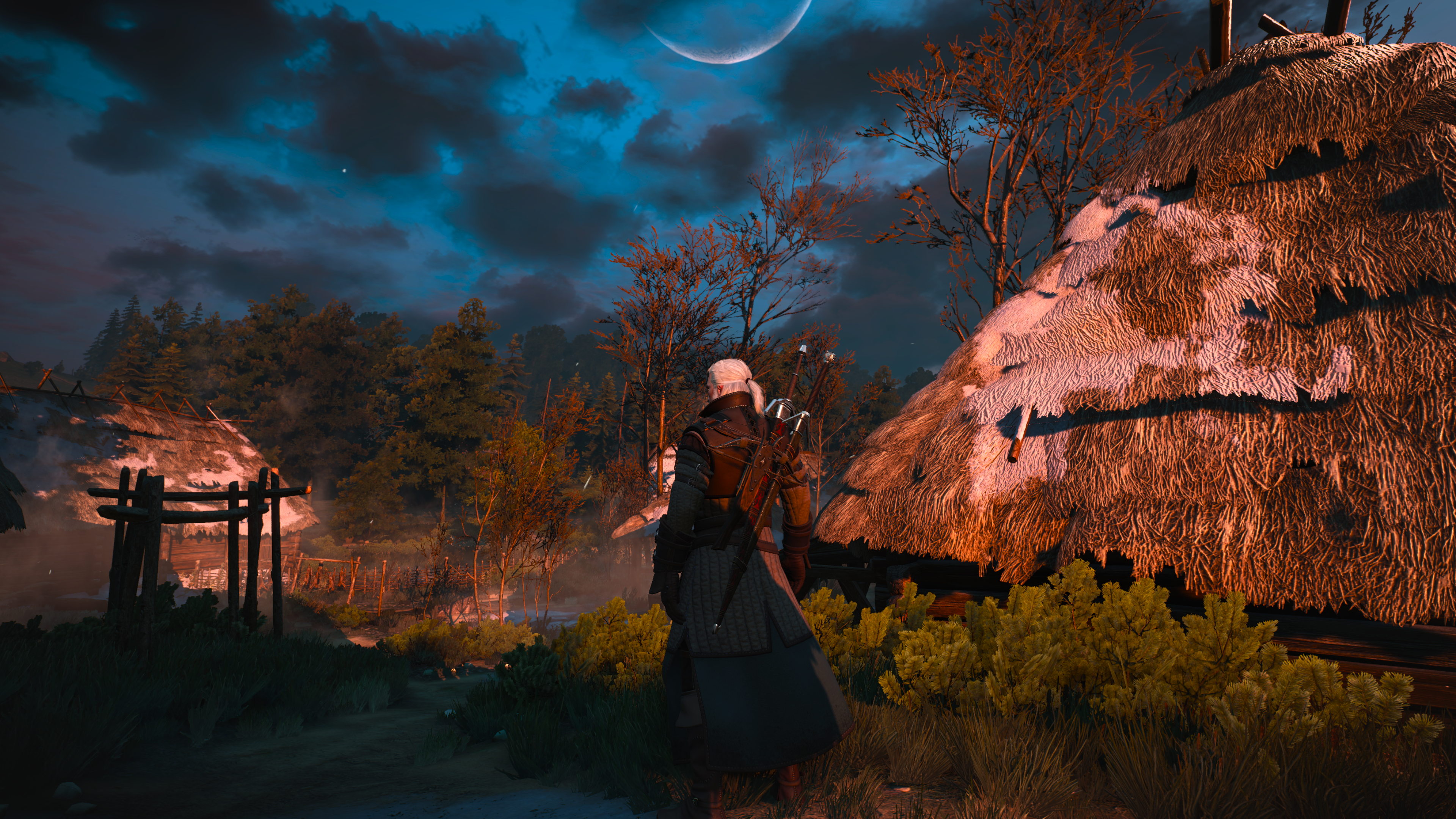 General 3840x2160 The Witcher 3: Wild Hunt Geralt of Rivia video games video game characters CGI video game art screen shot CD Projekt RED standing book characters weapon trees clouds sky sword ponytail Moon white hair