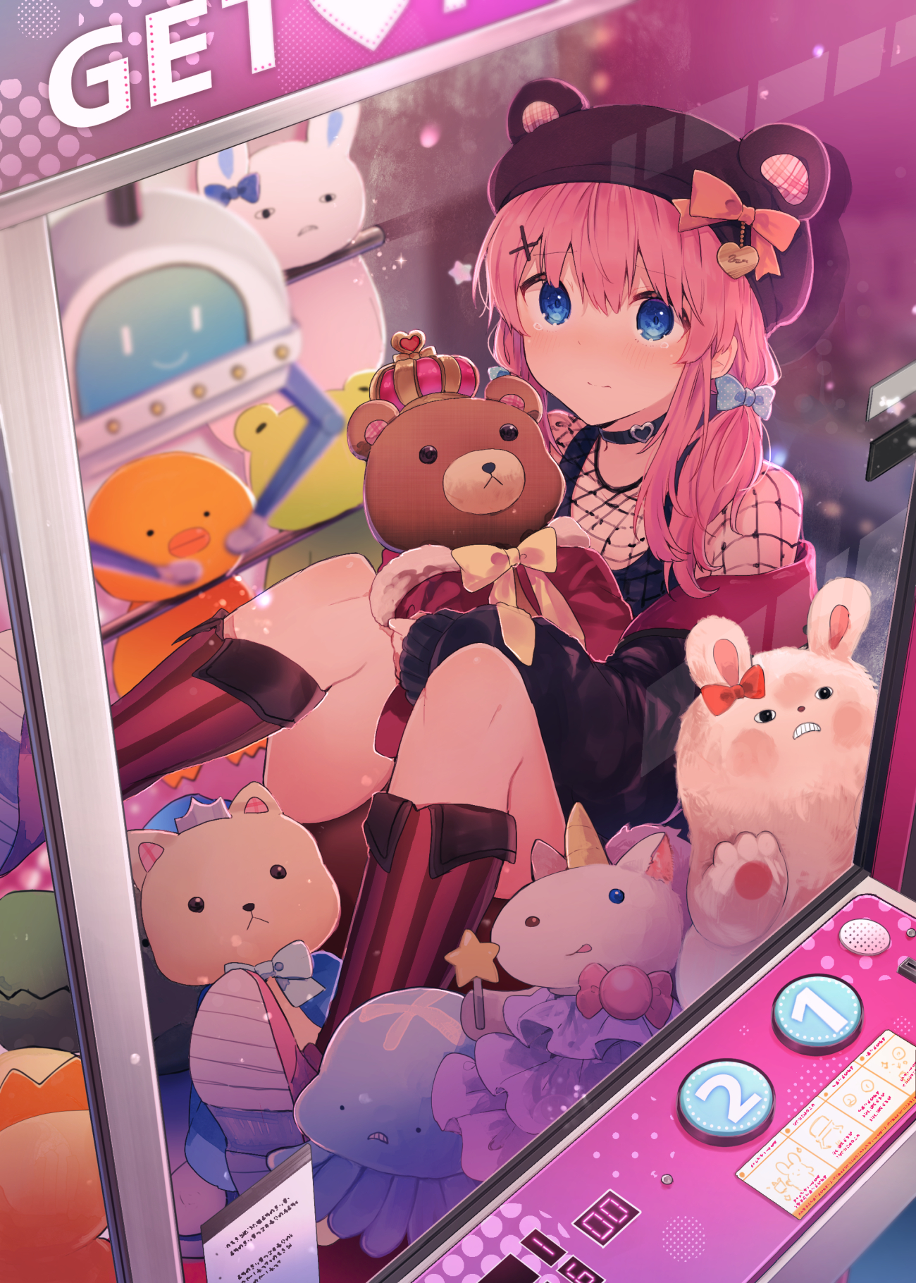 Anime 1300x1820 anime anime girls digital art artwork 2D portrait display arcade cabinet plush toy pink hair blue eyes tears blushing Ikeuchi Tanuma