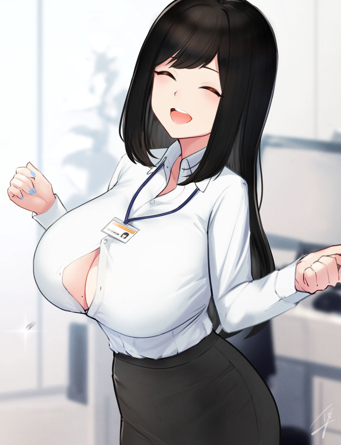 Anime 1146x1495 anime blush nails huge breasts cleavage anime girls original characters closed eyes open mouth black hair office girl artwork Hayabusa (artist) big boobs smiling happy
