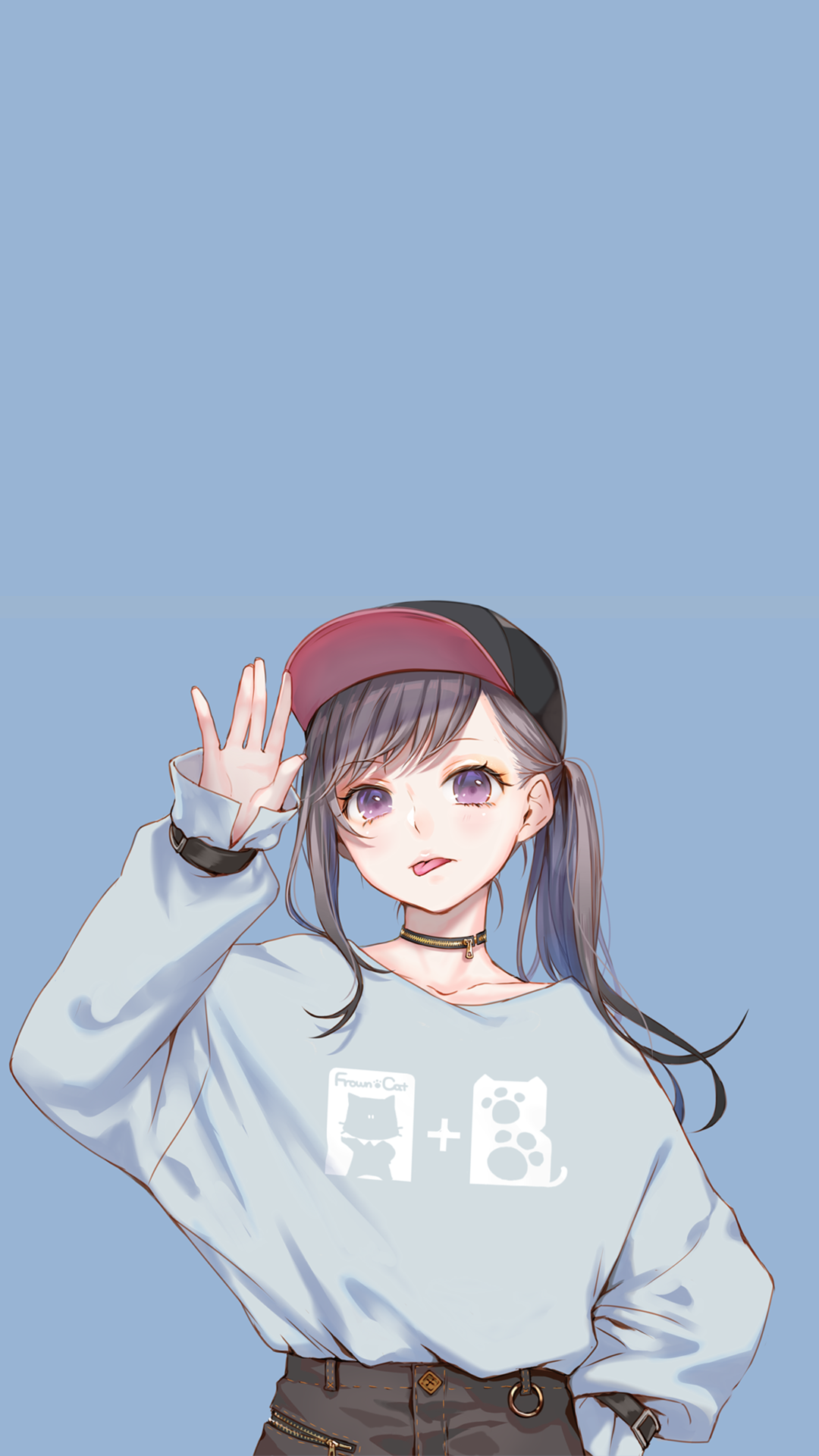 Anime 1080x1920 anime girls blue background ponytail baseball cap choker