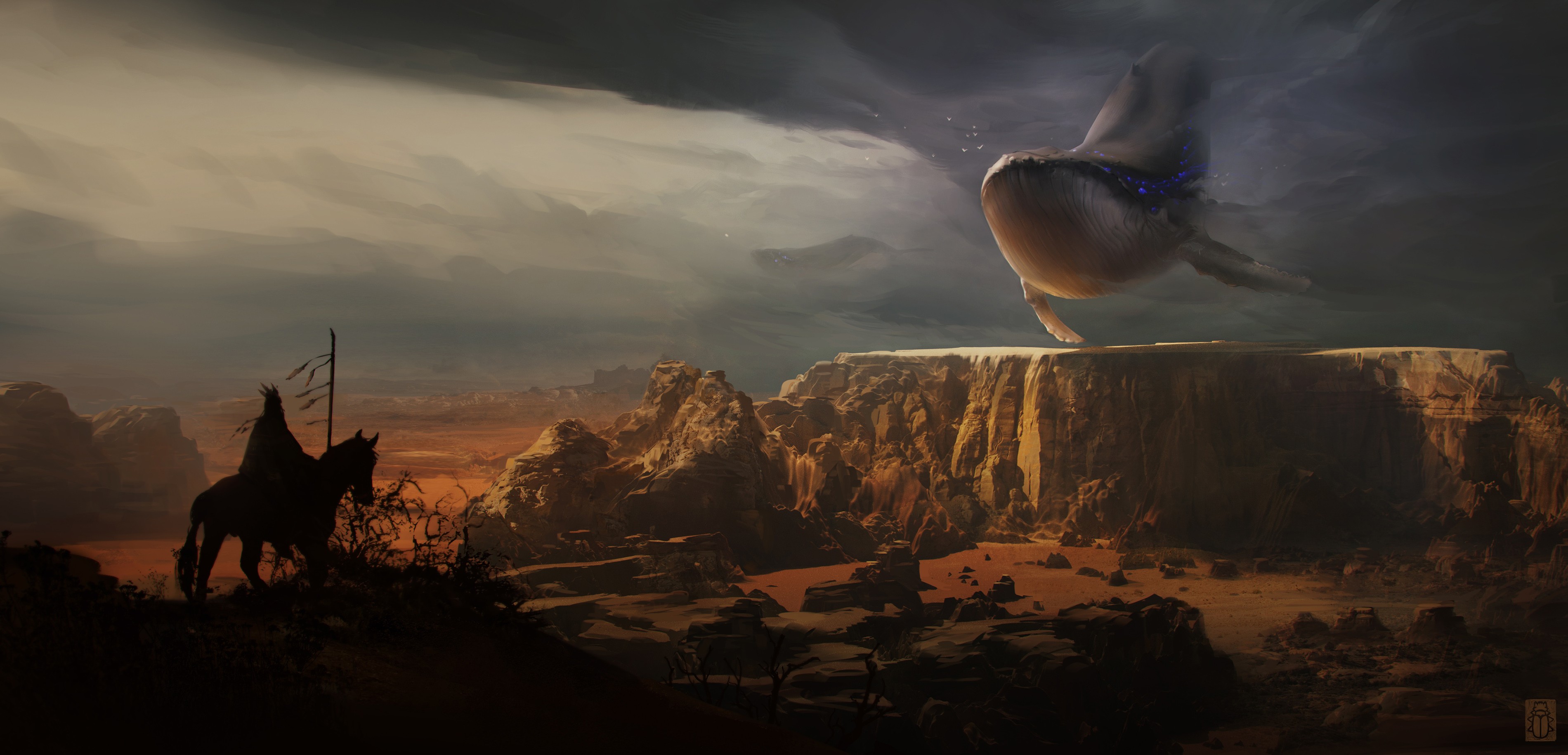 General 3800x1830 artwork digital art fantasy art desert whale Native Americans surreal