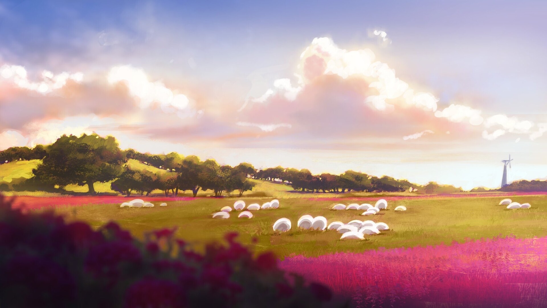 General 1920x1080 digital art clouds sunlight sky trees sheep animals flowers field pink flowers