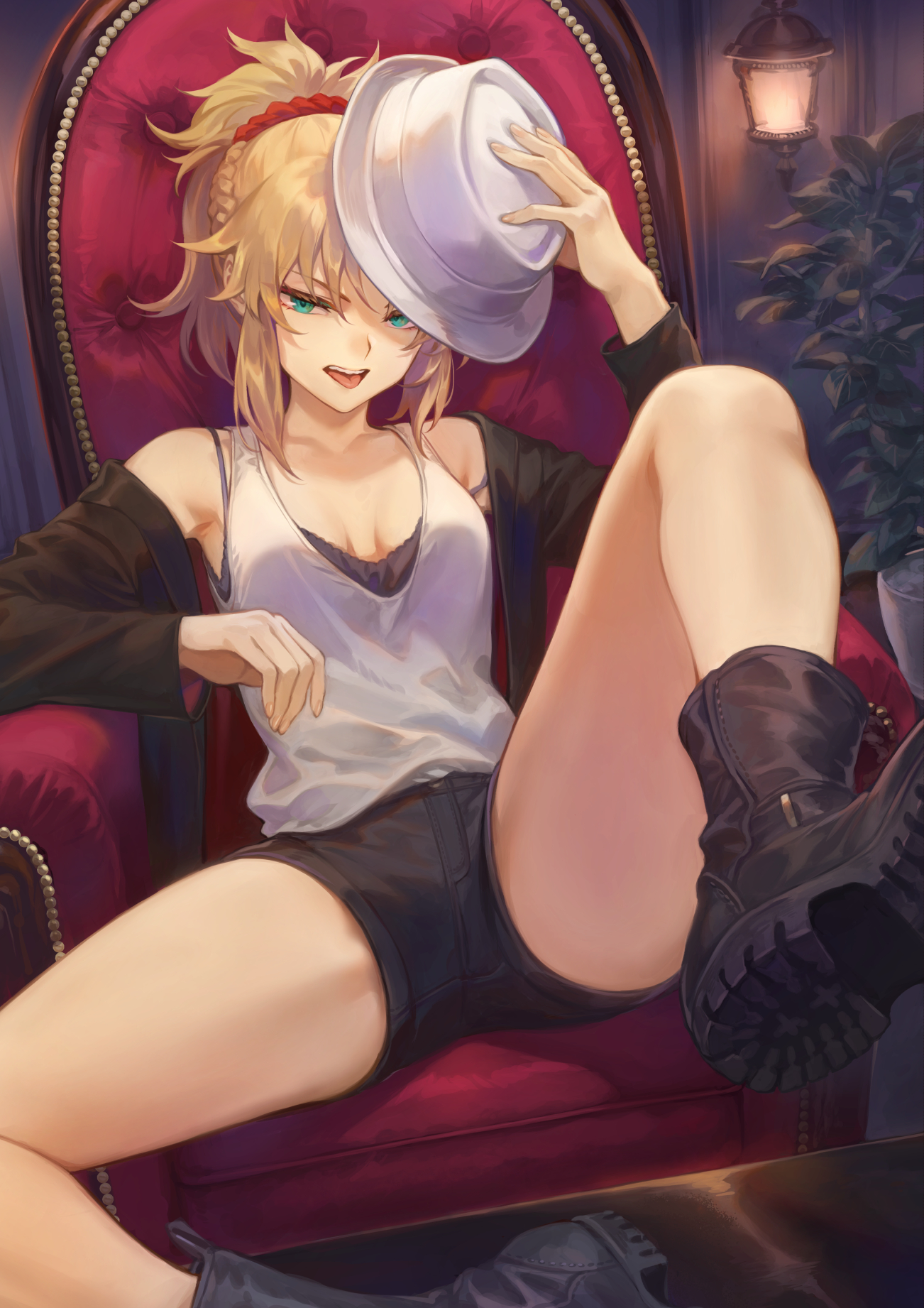 Anime 1302x1842 anime anime girls digital art artwork 2D portrait display Fate series Fate/Grand Order Fate/Apocrypha  blonde green eyes short shorts spread legs thighs black boots white hat ponytail tongue out ecchi white tank top looking at viewer open jacket long hair cleavage small boobs Mordred (Fate/Apocrypha) camisole bangs sitting alternate costume fan art Mashu 003