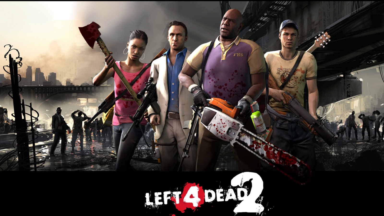 General 1600x900 Left 4 Dead Left 4 Dead 2 chainsaws axes guitar gun zombies bridge cityscape video games video game characters