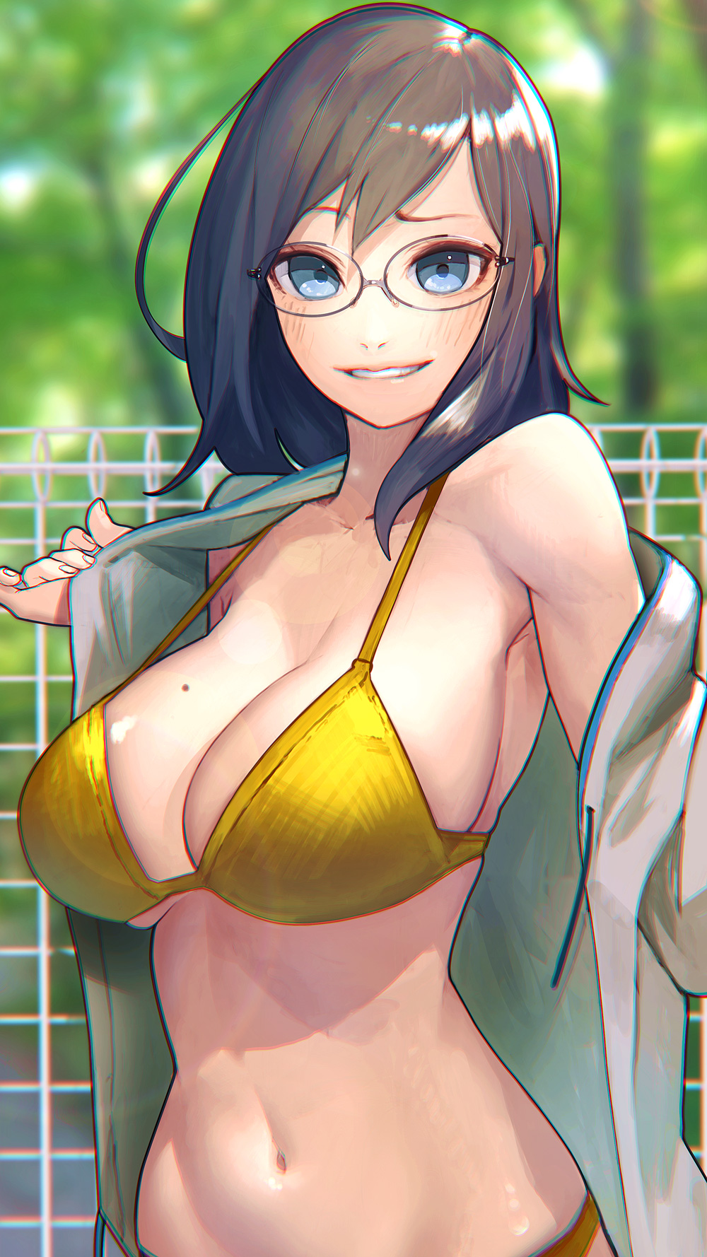 Anime 1000x1778 bikini moles glasses cleavage anime girls brunette blue eyes smiling open jacket Hiragana Oufu