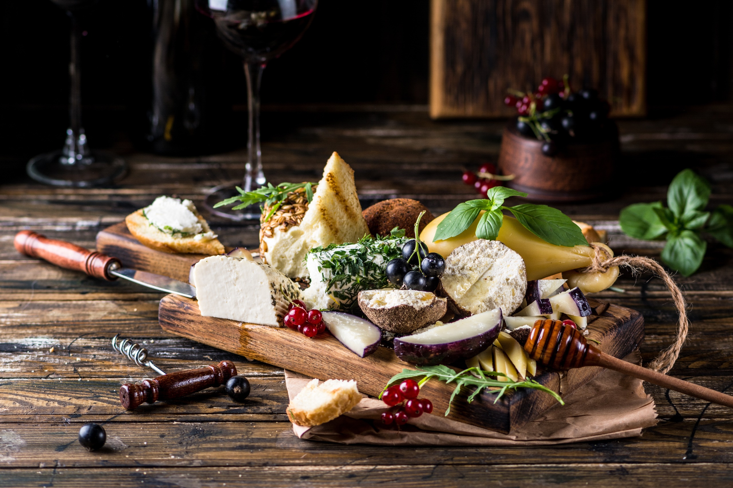 General 2560x1707 food still life cheese fruit berries grapes basil red currant bread honey knife cutting board wooden surface wine drinking glass