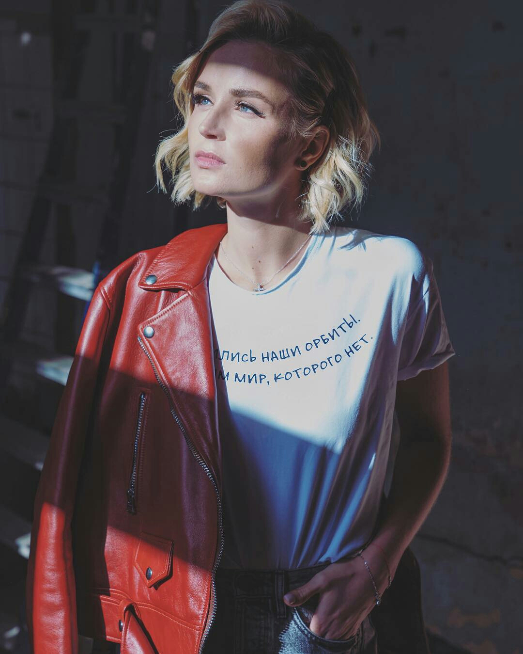 People 1080x1349 Polina Gagarina blonde Russian Russian women singer short hair blue eyes looking into the distance red jackets T-shirt women portrait display
