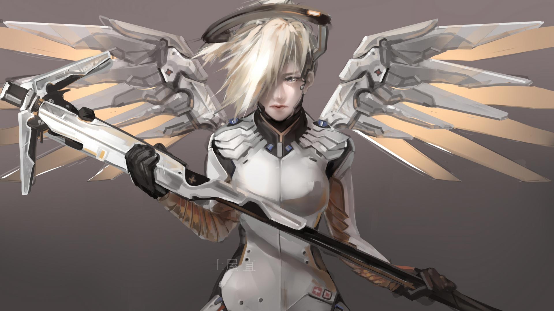 General 1920x1080 Mercy (Overwatch) Overwatch wings angel wings simple background messy hair frontal view video game characters