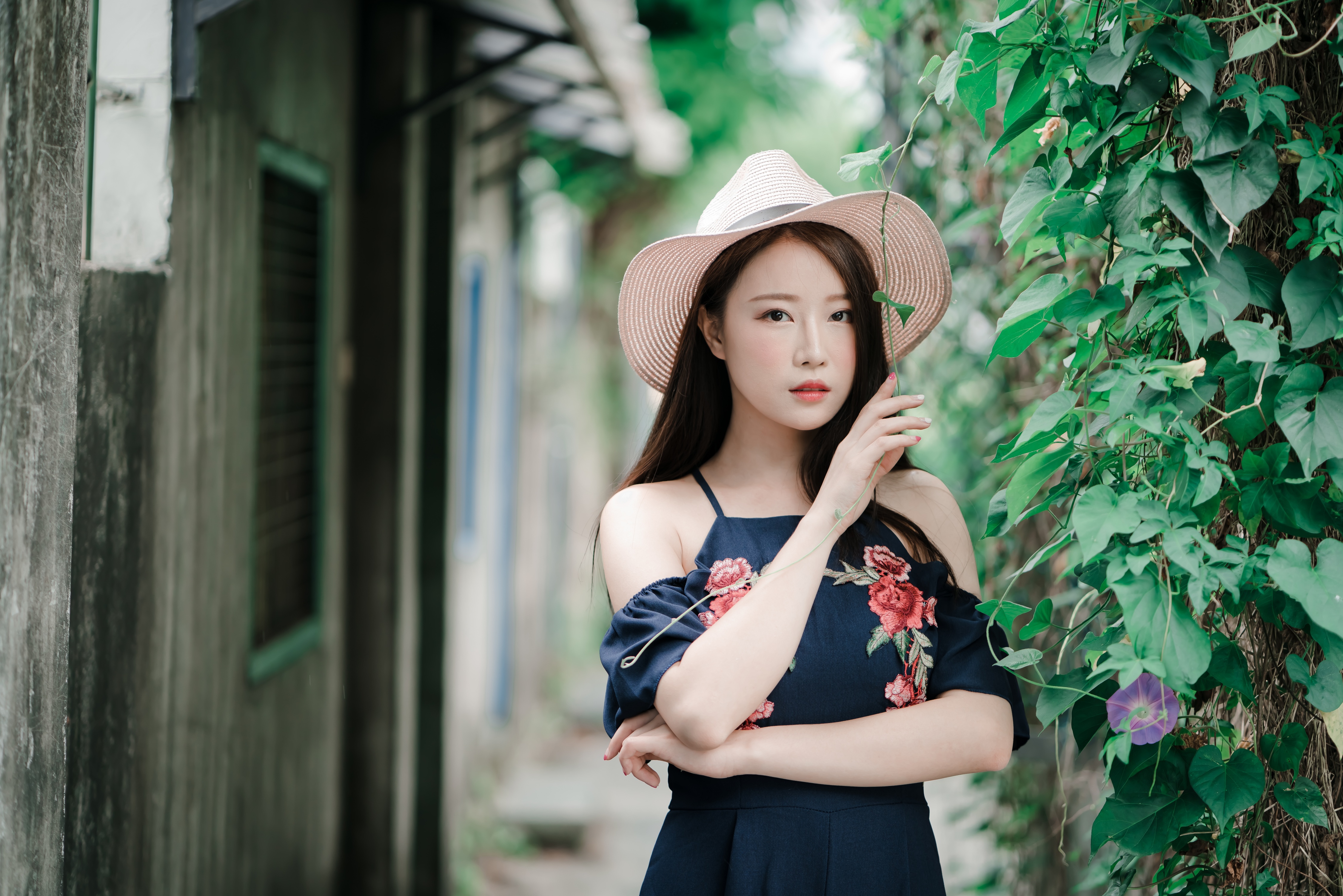 People 4500x3002 Asian model women long hair brunette depth of field dress straw hat bushes alleyway hat makeup leaves women outdoors