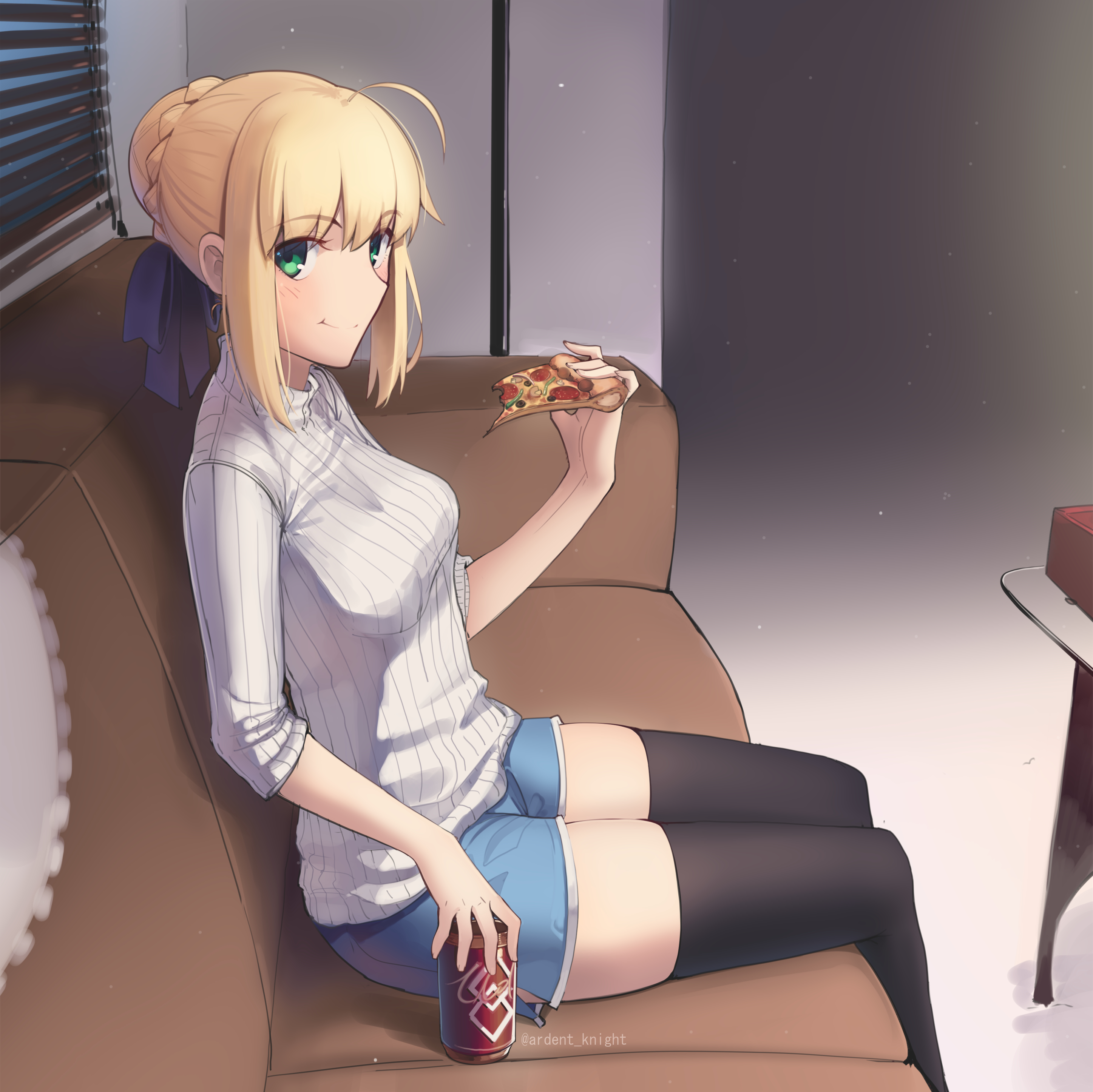 Anime 2894x2893 Fate series Fate/Grand Order Fate/Stay Night anime girls fan art 2D anime girls eating looking at viewer jean shorts thigh-highs black stockings braids Saber green eyes blonde Artoria Pendragon