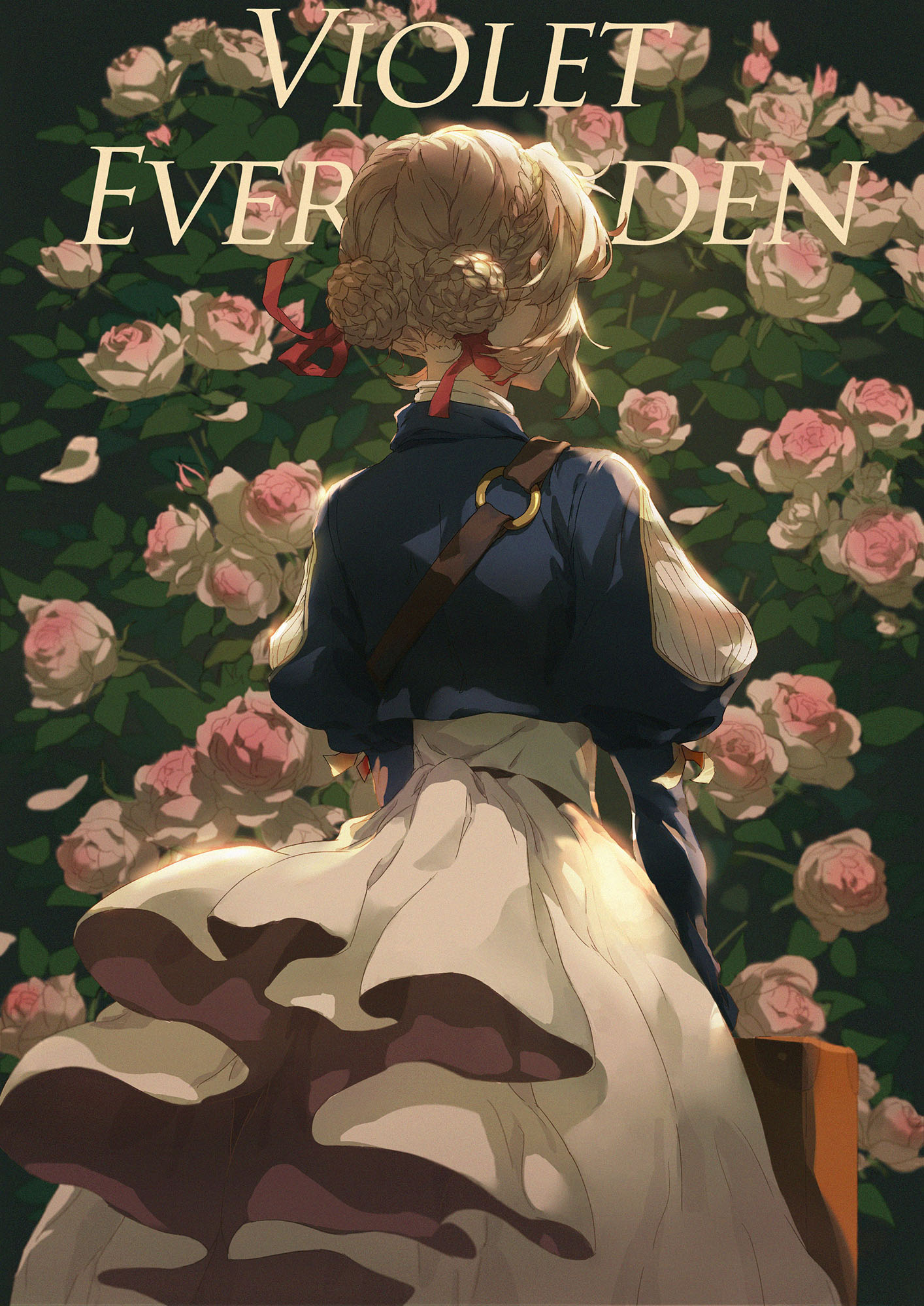 Anime 1414x2000 Violet Evergarden anime girls fan art portrait display pink roses red ribbon blonde