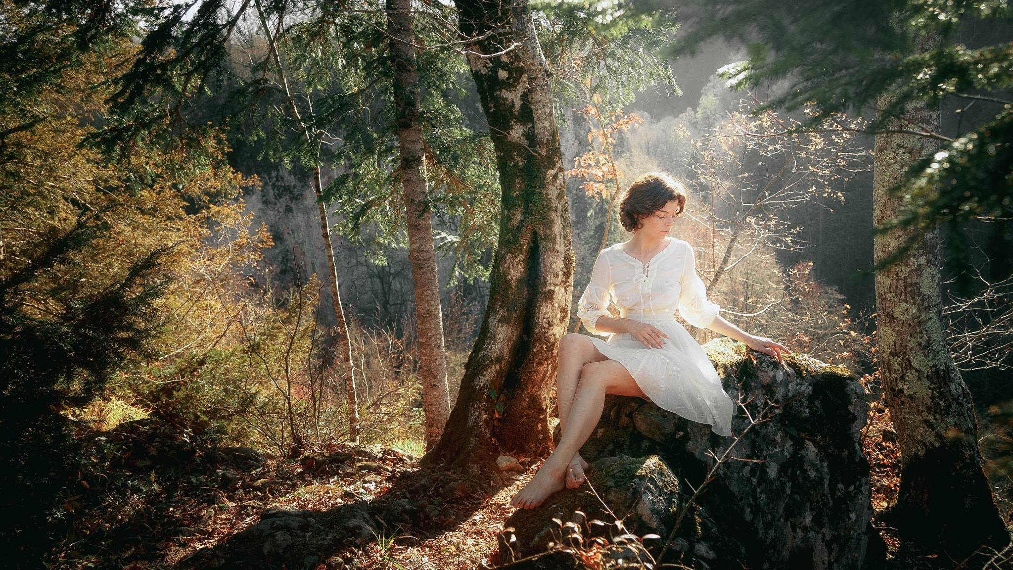 People 2048x1152 Andrew Vasiliev women model women outdoors nature trees barefoot legs