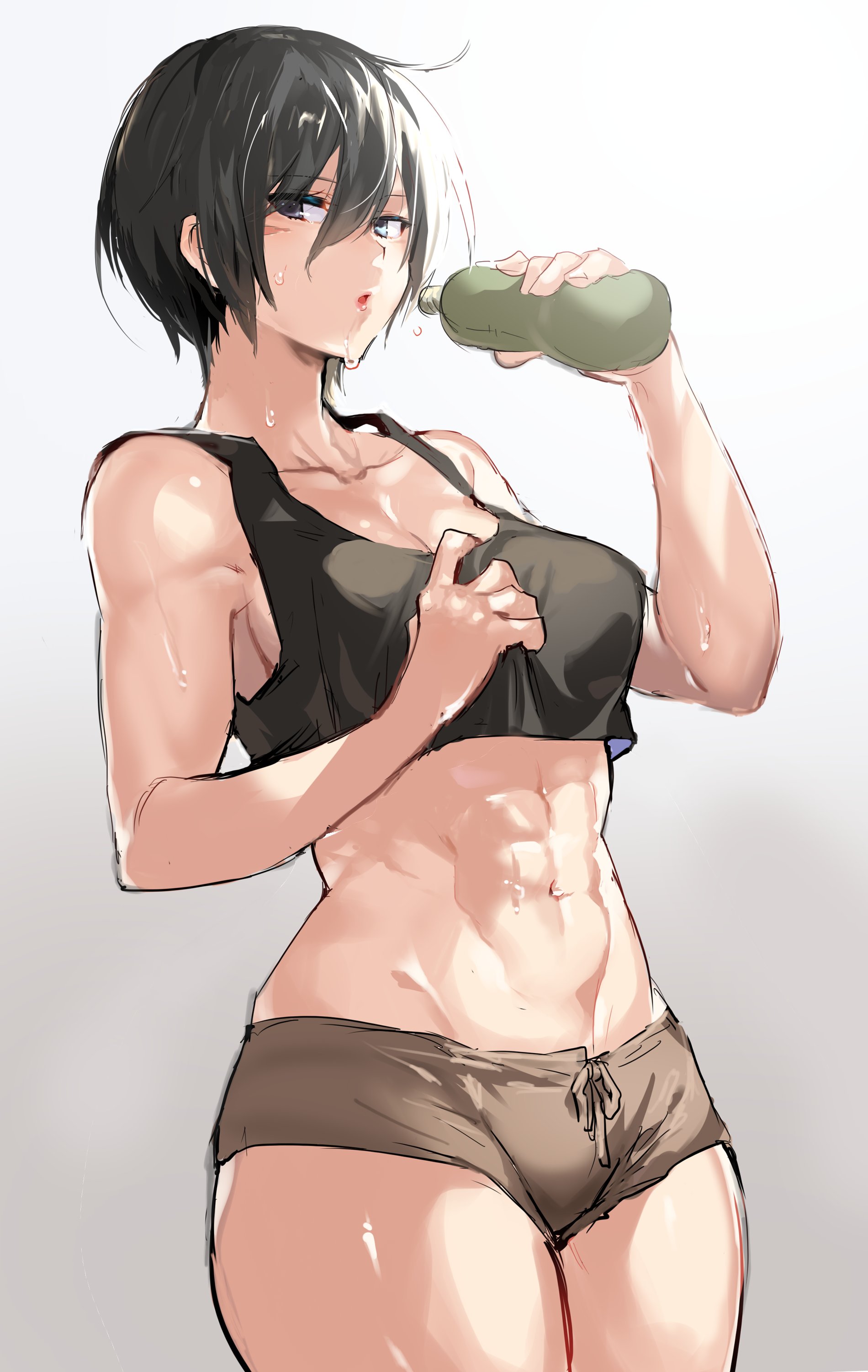 Anime 1900x3000 anime girls simple background short tops muscles black hair 2D black eyes belly button abs muscular