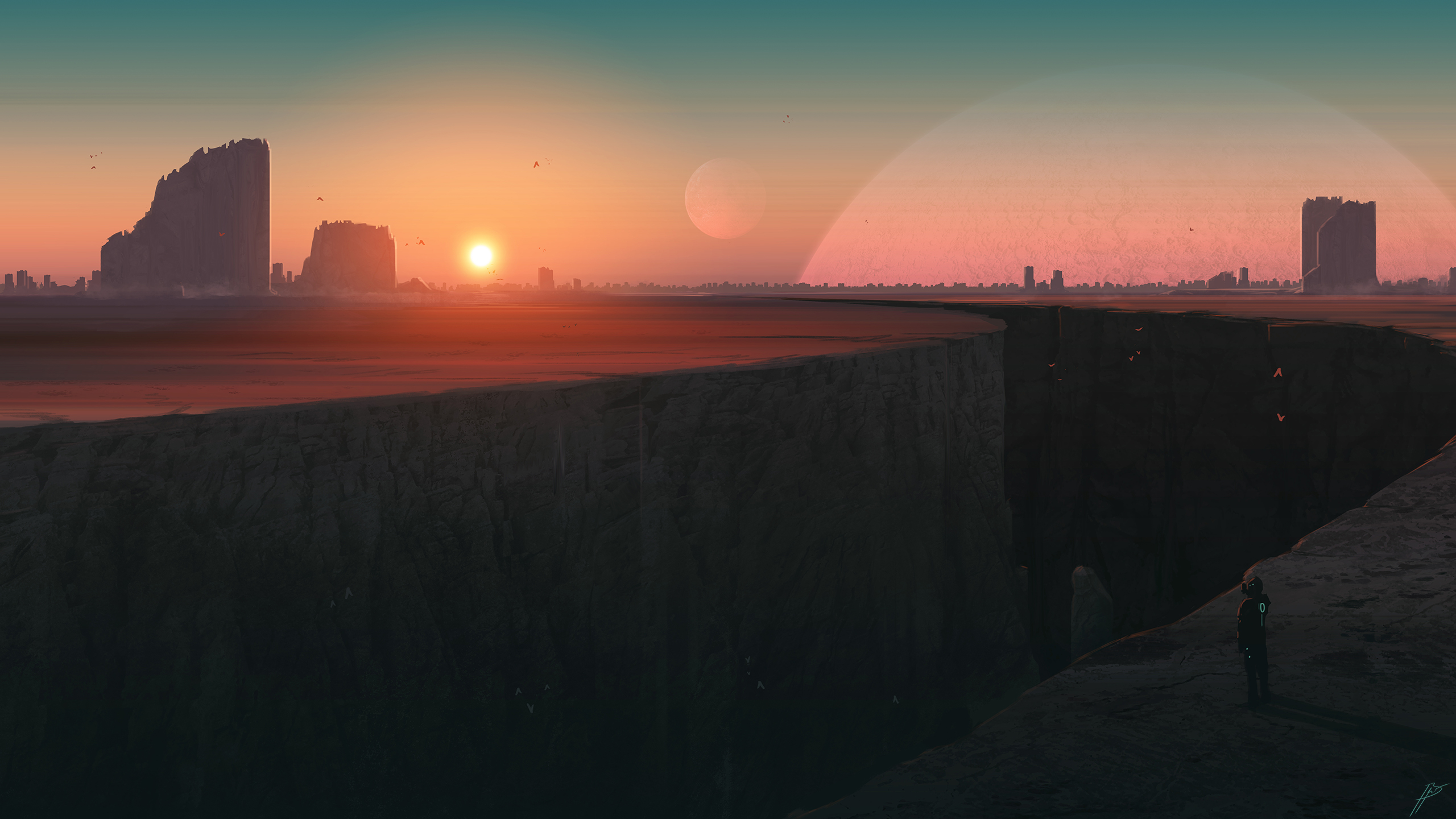 General 2560x1440 JoeyJazz landscape canyon digital art sky Sun futuristic science fiction