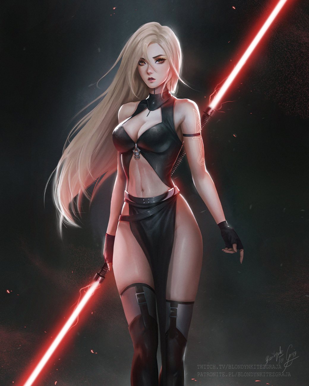 General 1040x1300 Blondynki Tez Graja drawing Star Wars women Sith blonde long hair straight hair wind looking at viewer bodysuit cleavage belly laser laser swords lightsaber gloves thigh-highs